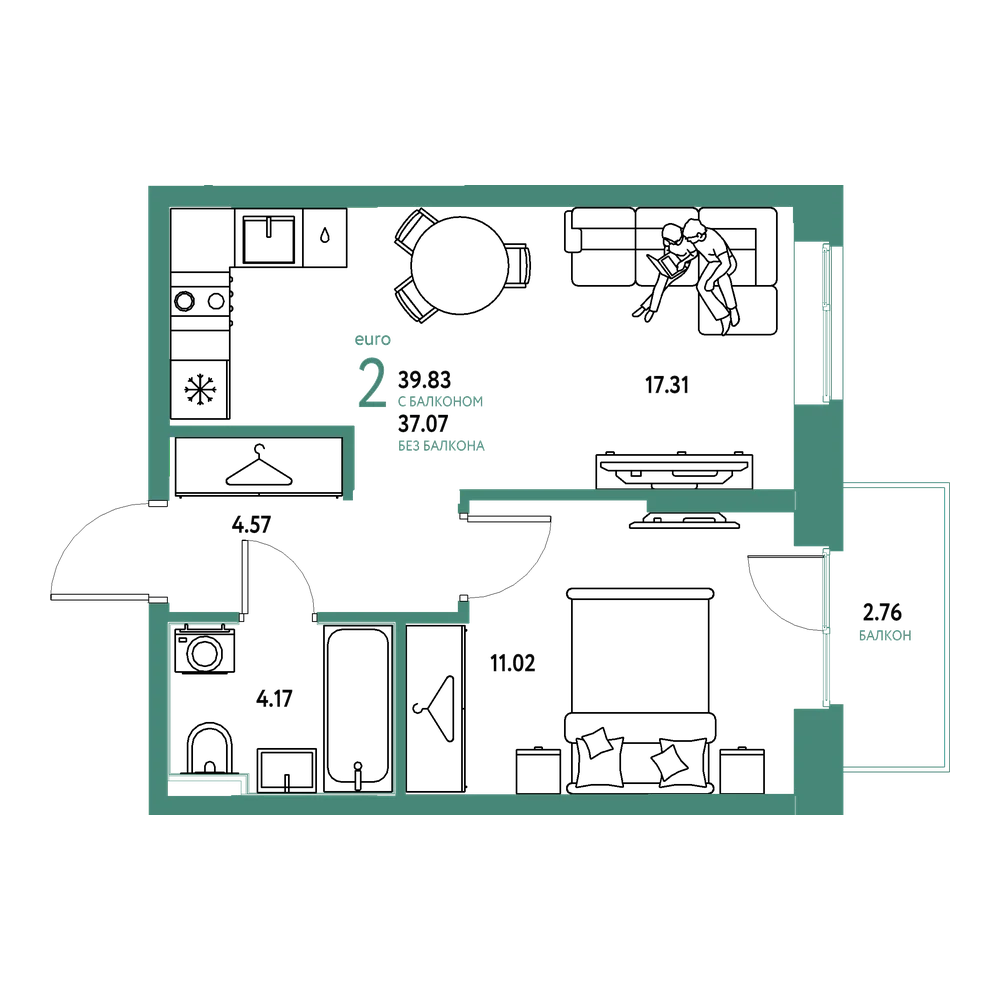 Планировка: Евродвушка 39,83 м²