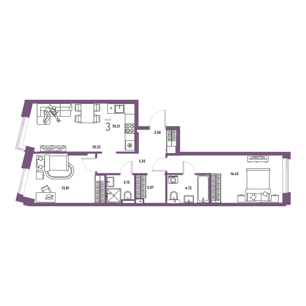 Планировка: Евротрёшка 70,31 м²