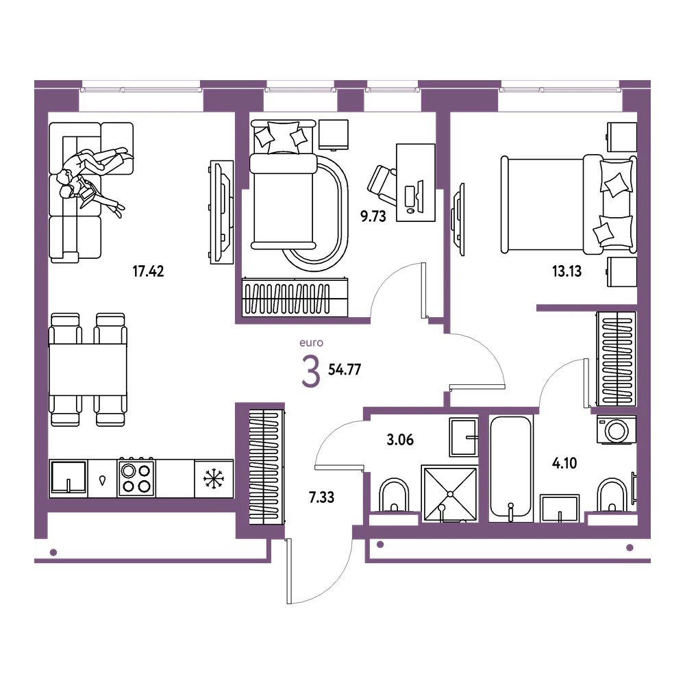 Планировка: Евротрёшка 54,77 м²