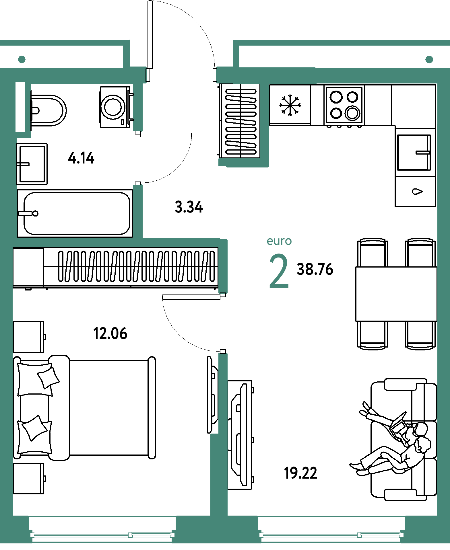 Планировка: Евродвушка 38,76 м² в ЖК «Страна.Прибрежная»