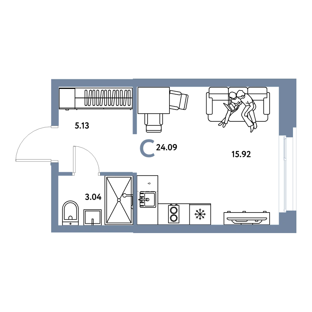 Планировка: Студия 24,09 м²