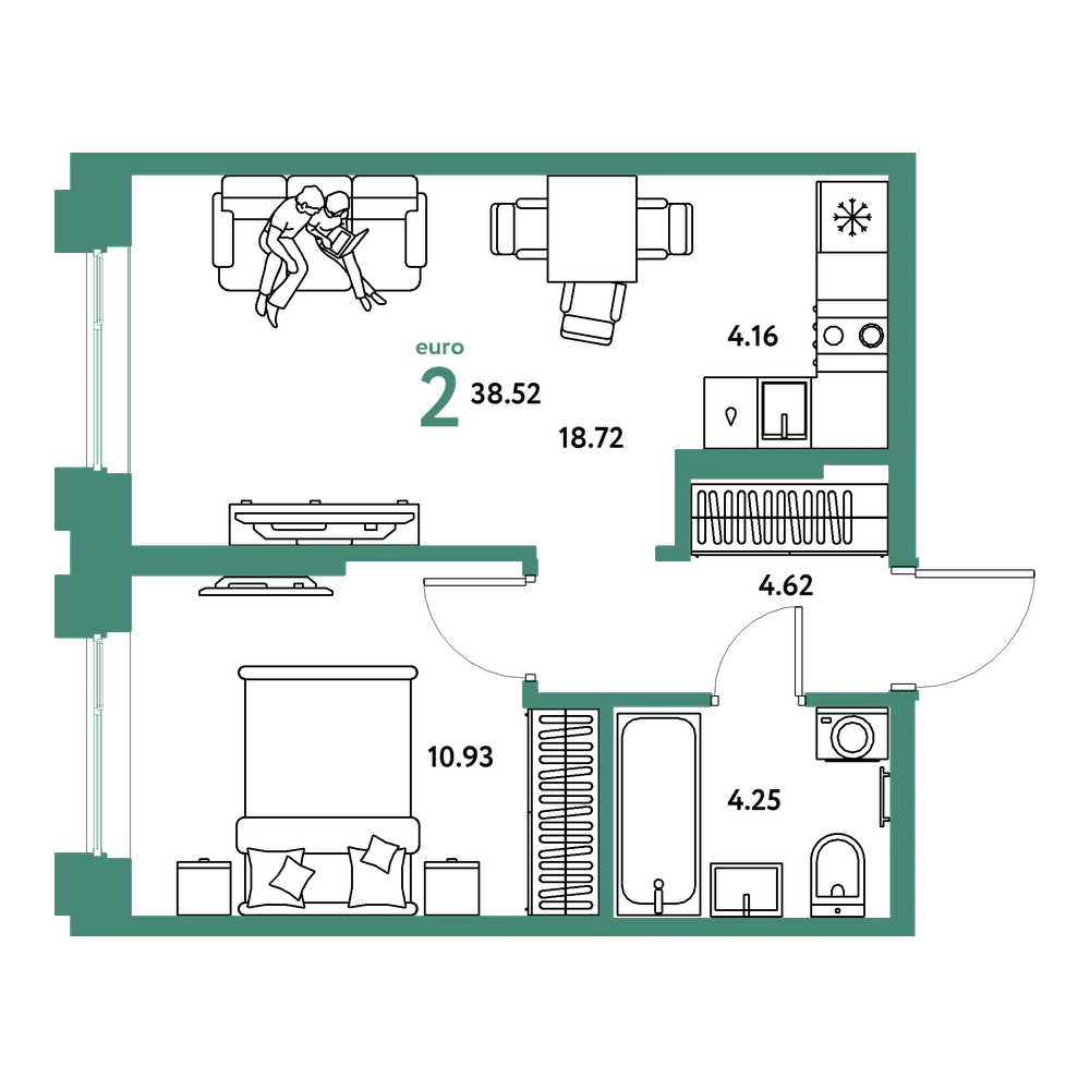 Планировка: Евродвушка 38,52 м²
