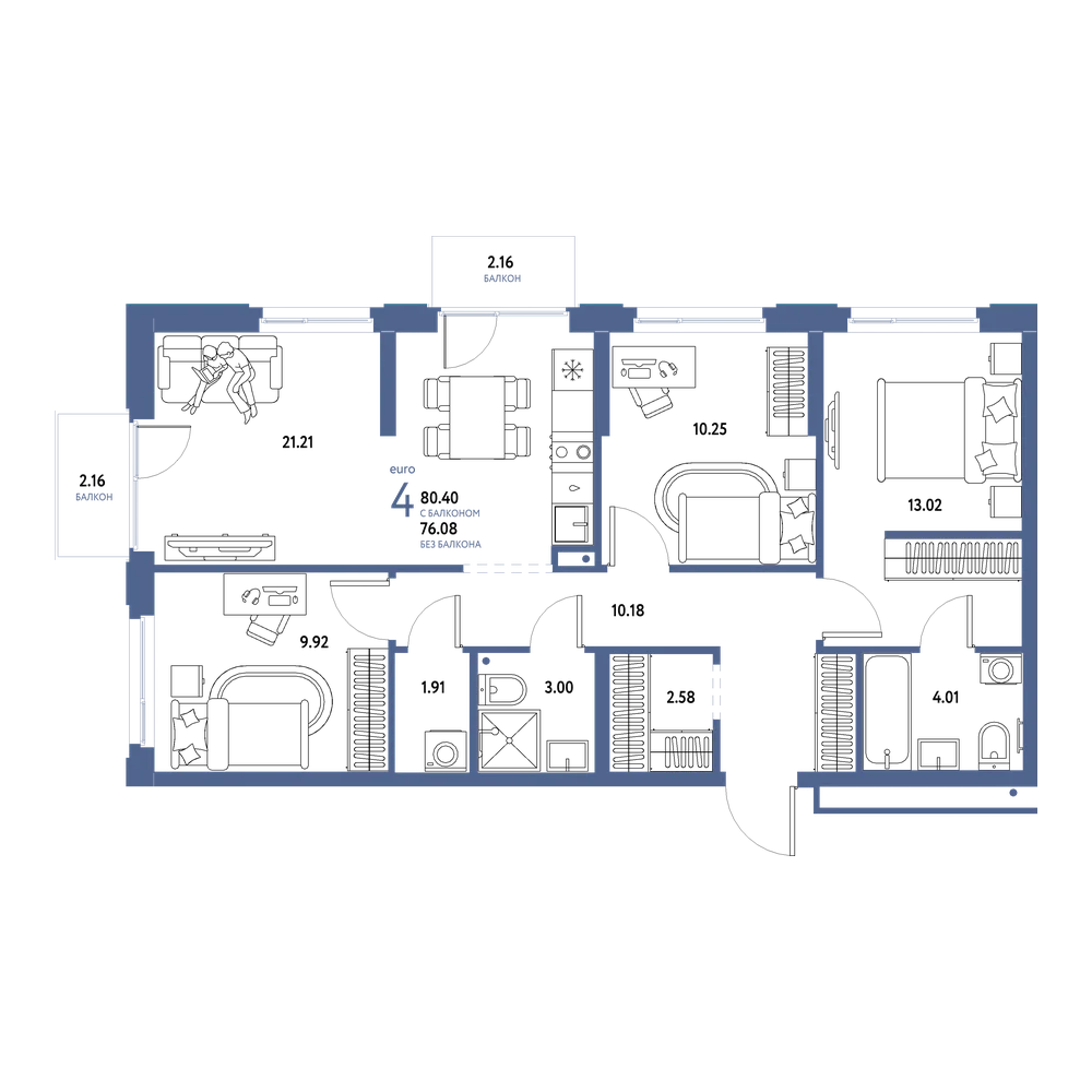 Планировка: Евро-4 80,4 м²
