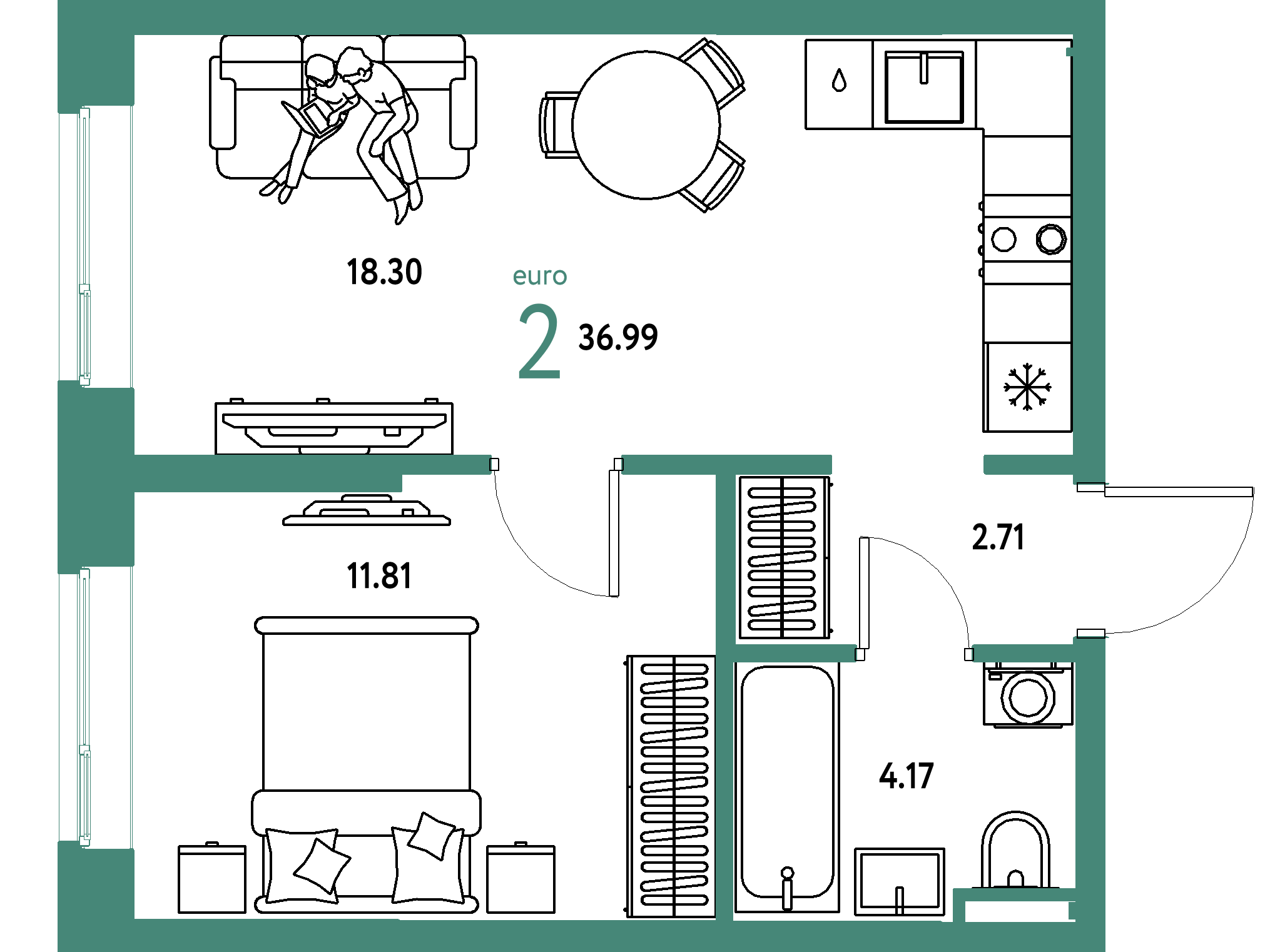 Планировка: Евродвушка 36,99 м² в ЖК «Остров-сад»