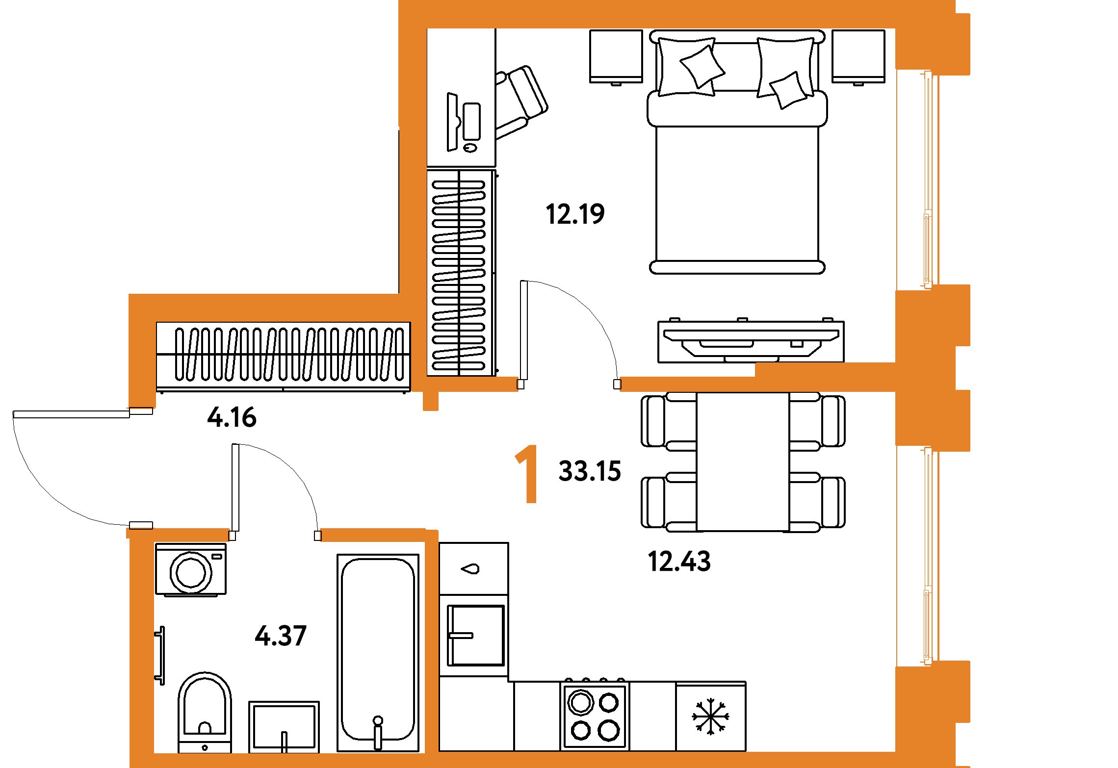 Планировка: 1-комнатная 33,15 м² в ЖК «Европейский берег 2.0»