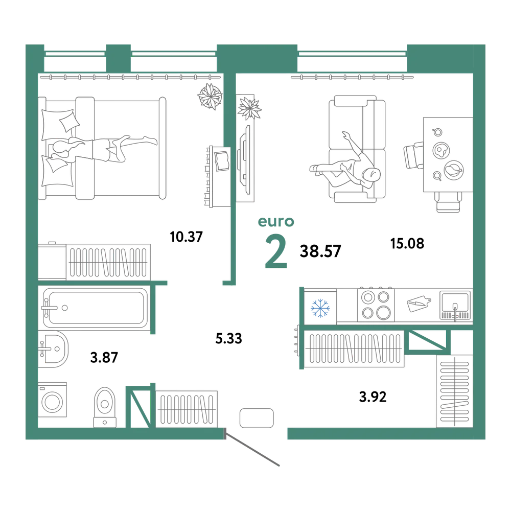 Планировка: Евродвушка 38,57 м²