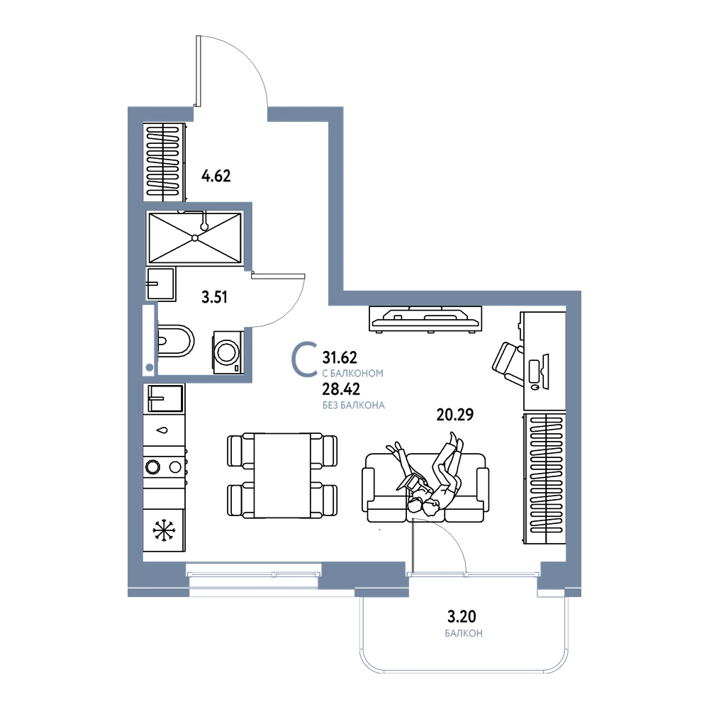 Планировка: Студия 31,62 м²