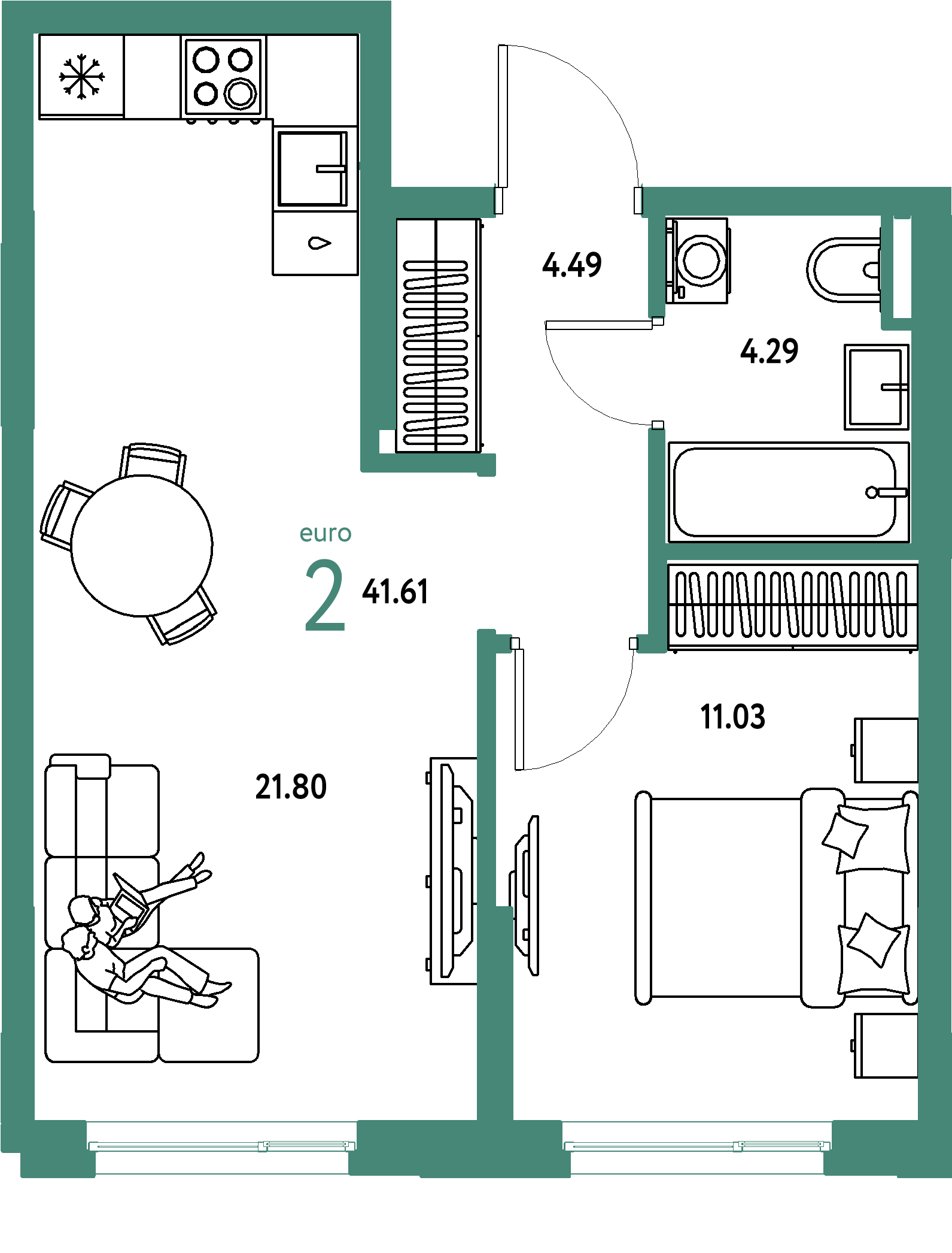 Планировка: Евродвушка 41,61 м² в ЖК «Остров-сад»