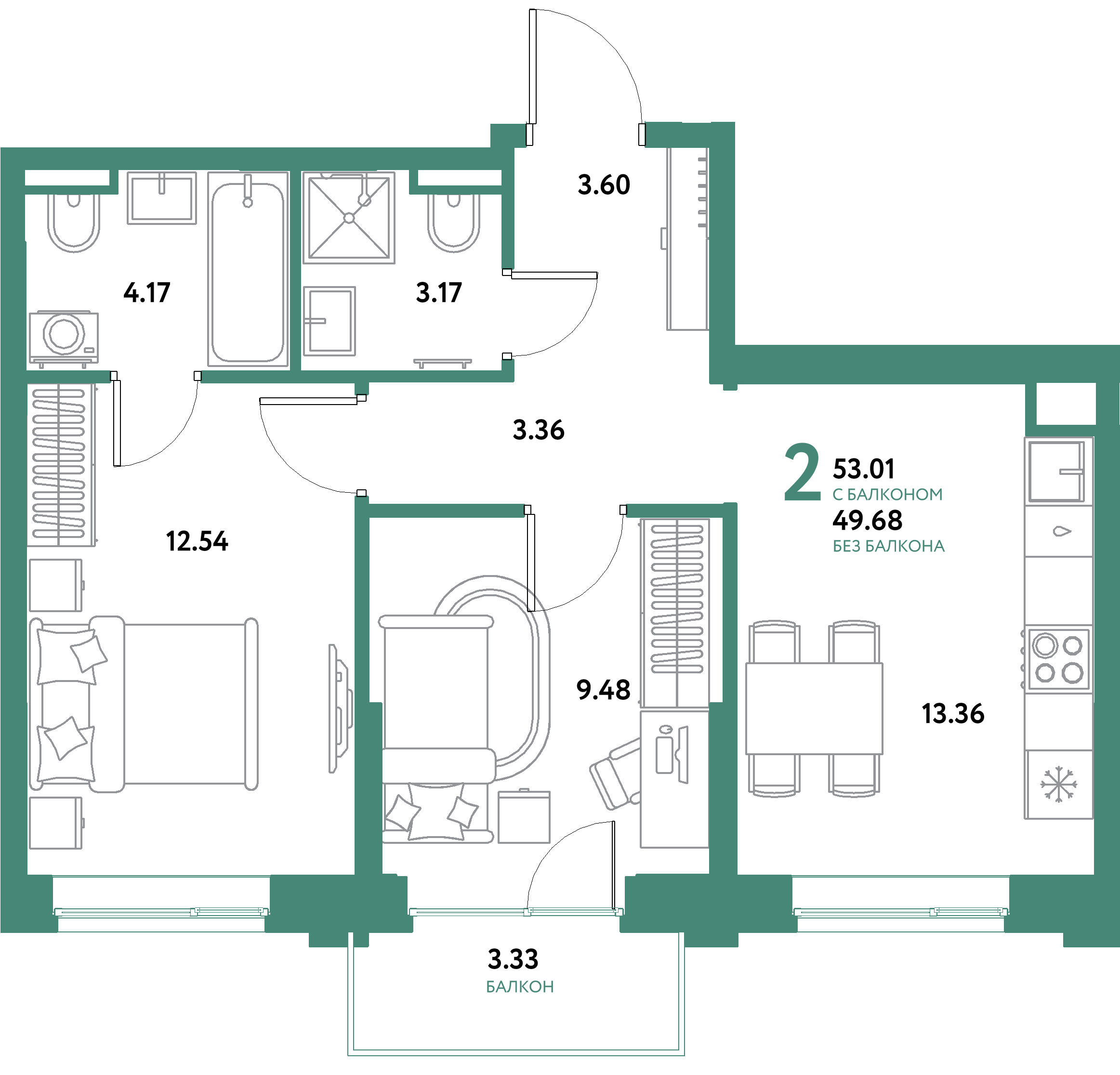 Планировка: 2-комнатная 53,01 м² в ЖК «Остров-сад»