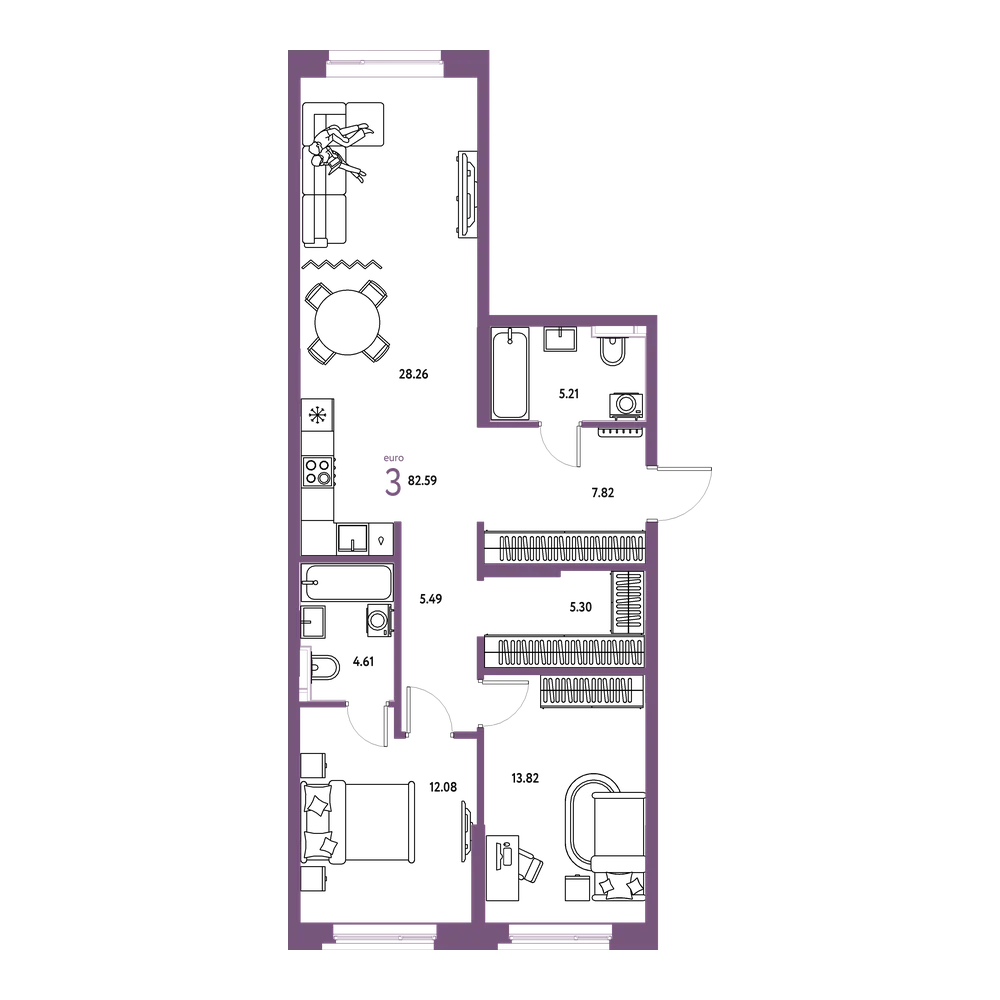 Планировка: Евротрёшка 82,61 м²