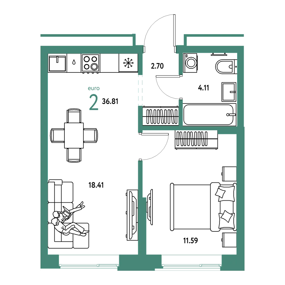 Планировка: Евродвушка 36,81 м²