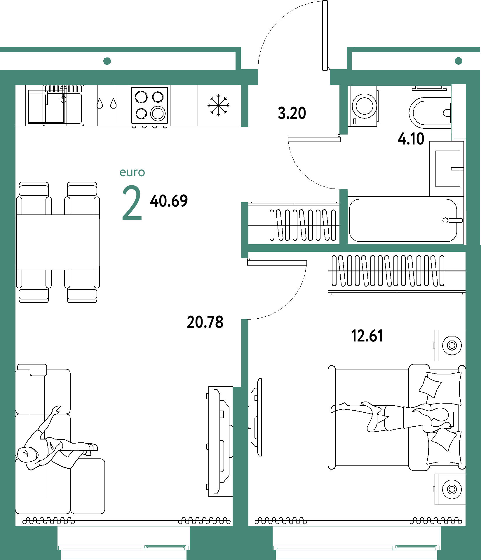 Планировка: Евродвушка 40,69 м² в ЖК «Домашний»
