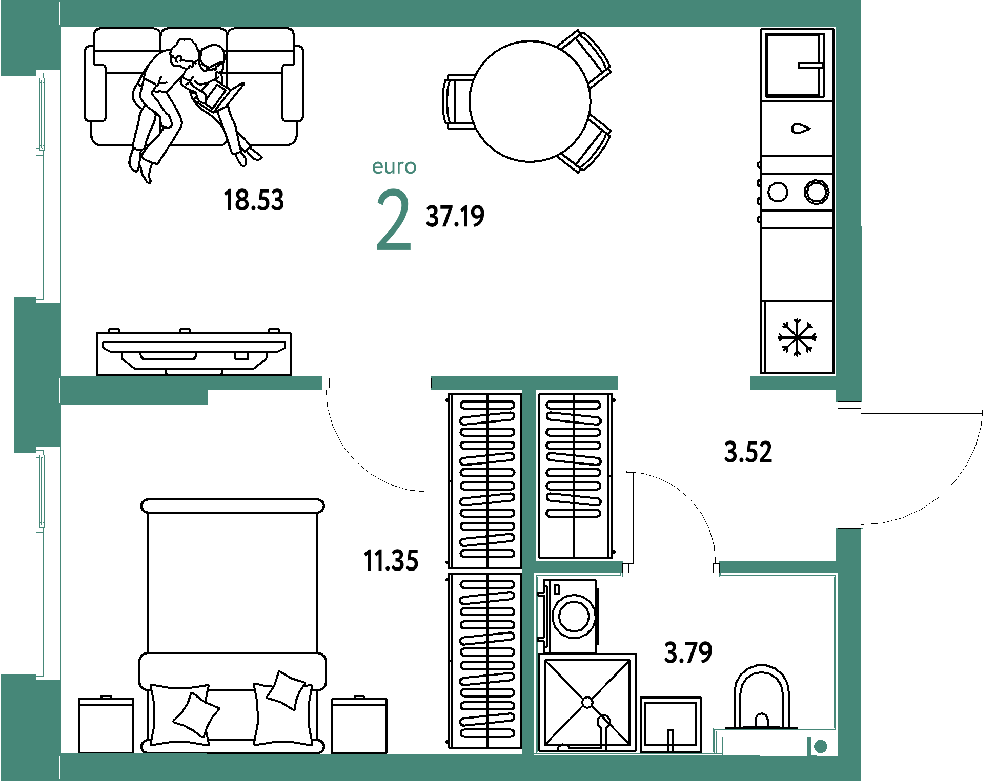 Планировка: Евродвушка 37,19 м² в ЖК «Домашний»