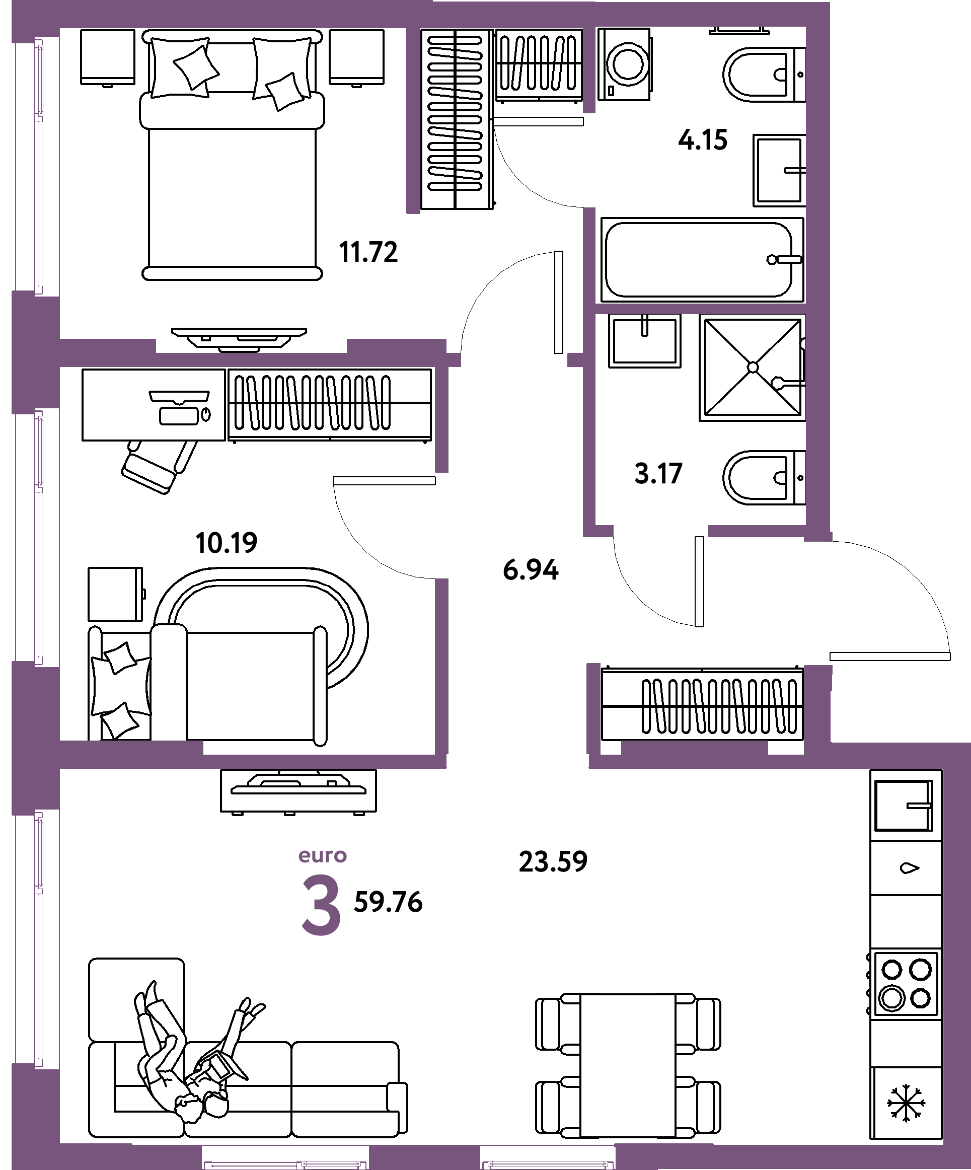 Планировка: Евротрёшка 59,76 м² в ЖК «Европейский берег 2.0»