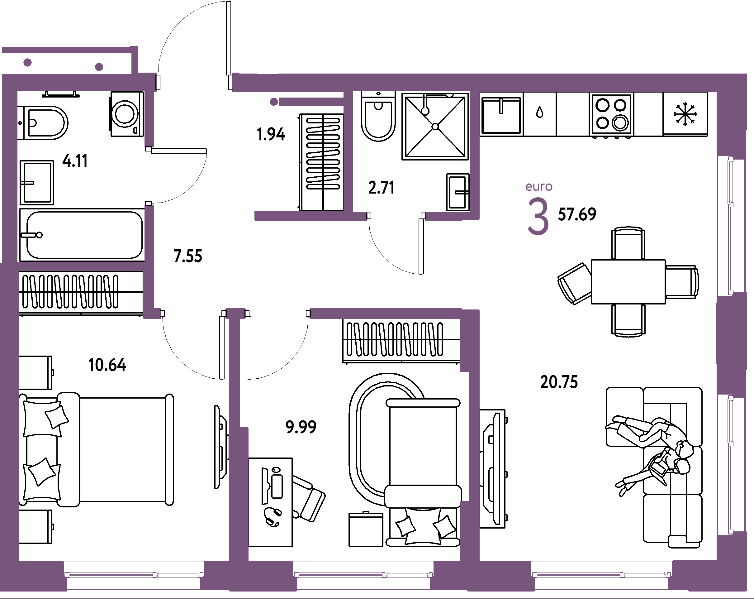 Планировка: Евротрёшка 57,69 м² в ЖК «Домашний»
