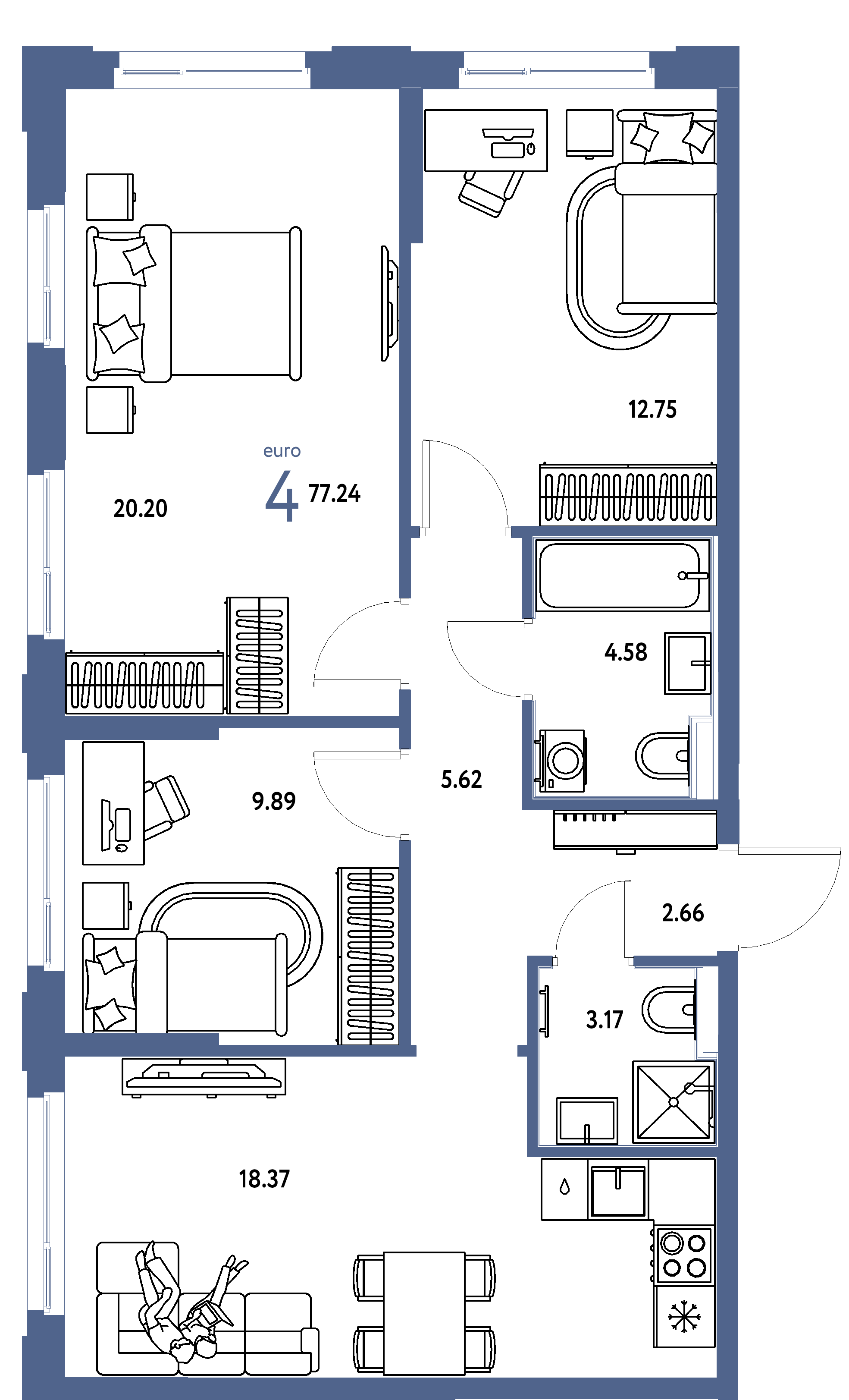 Планировка: Евро-4 77,24 м² в ЖК «Сердце Сибири»