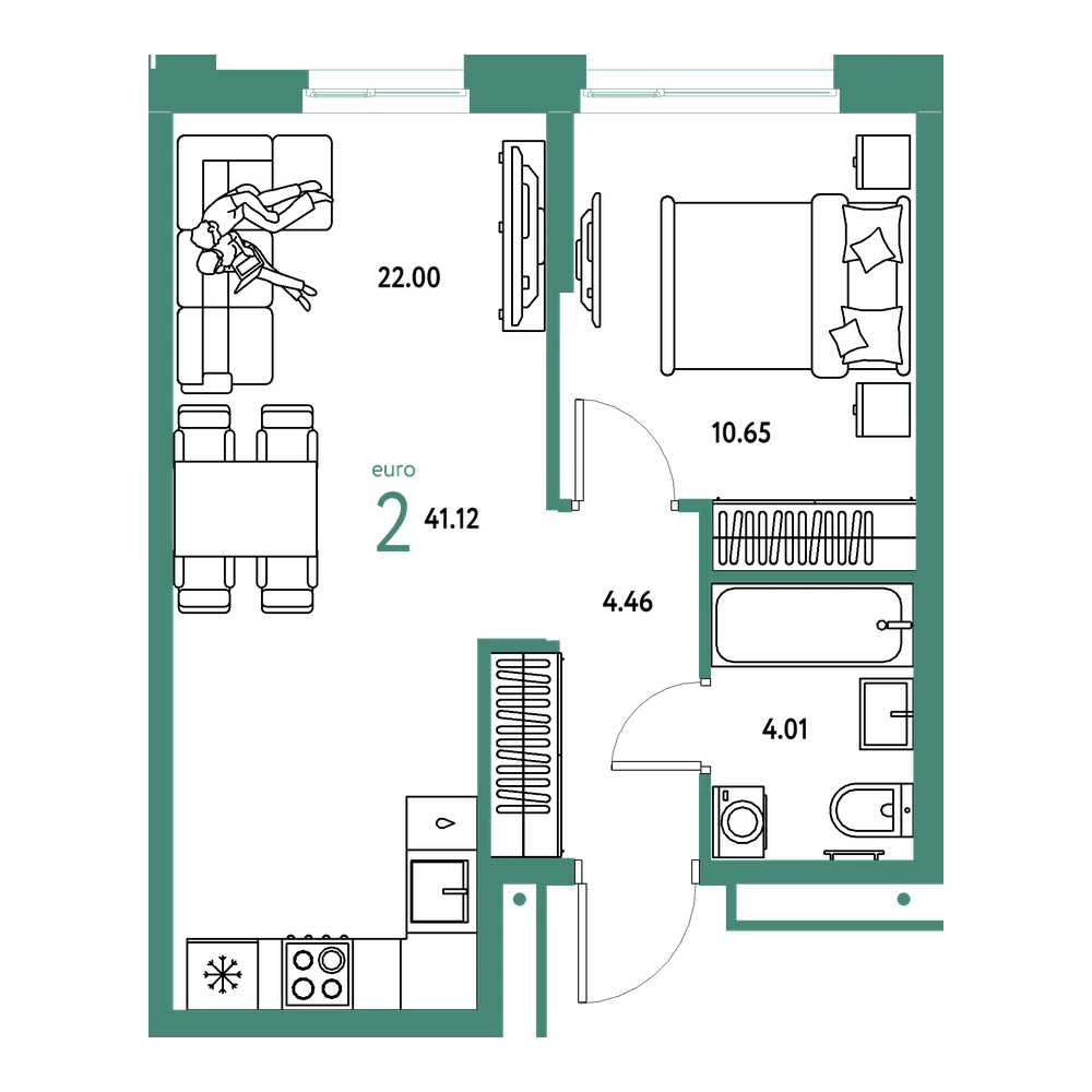 Планировка: Евродвушка 41,12 м²