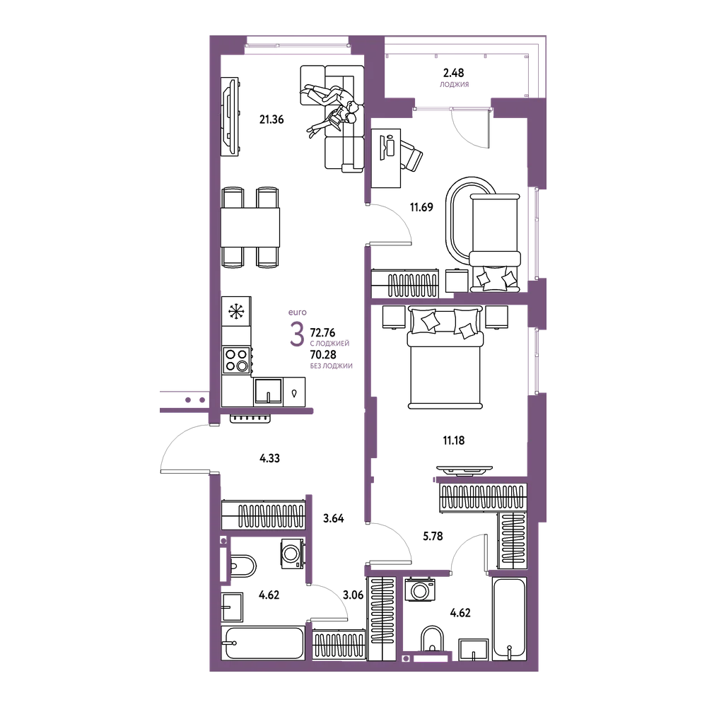 Планировка: Евротрёшка 72,76 м²