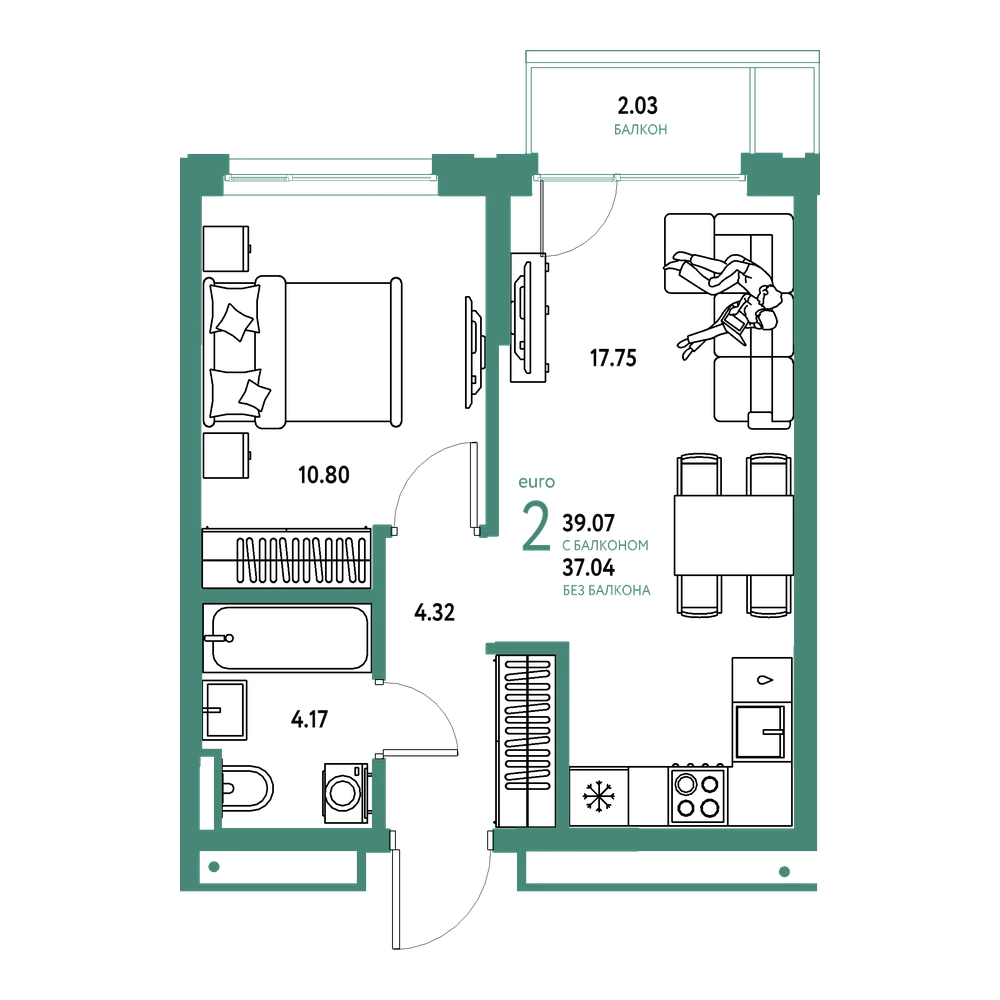 Планировка: Евродвушка 39,07 м²