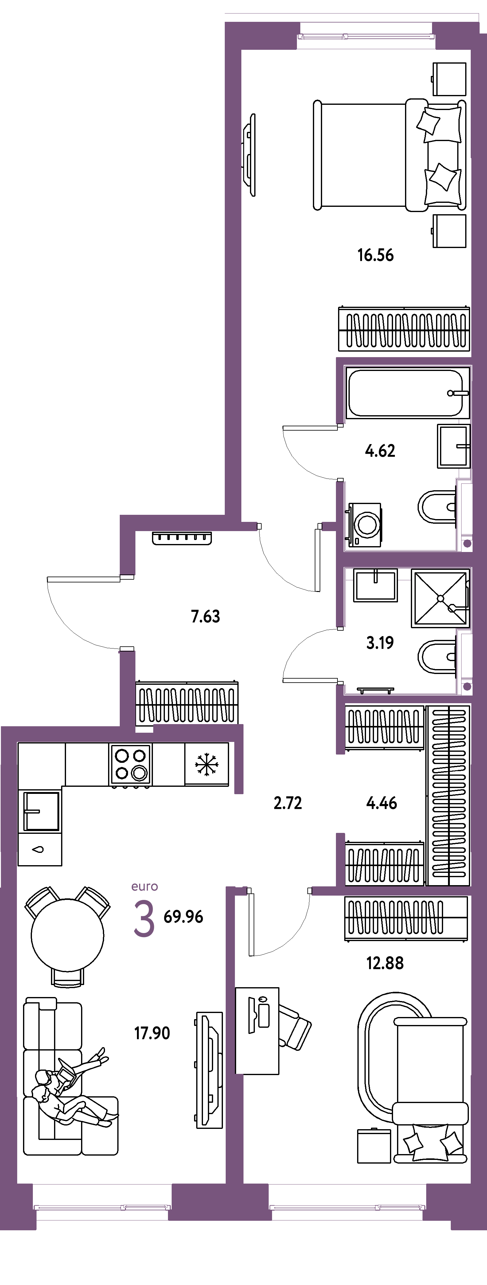 Планировка: Евротрёшка 69,96 м² в ЖК «Сердце Сибири»