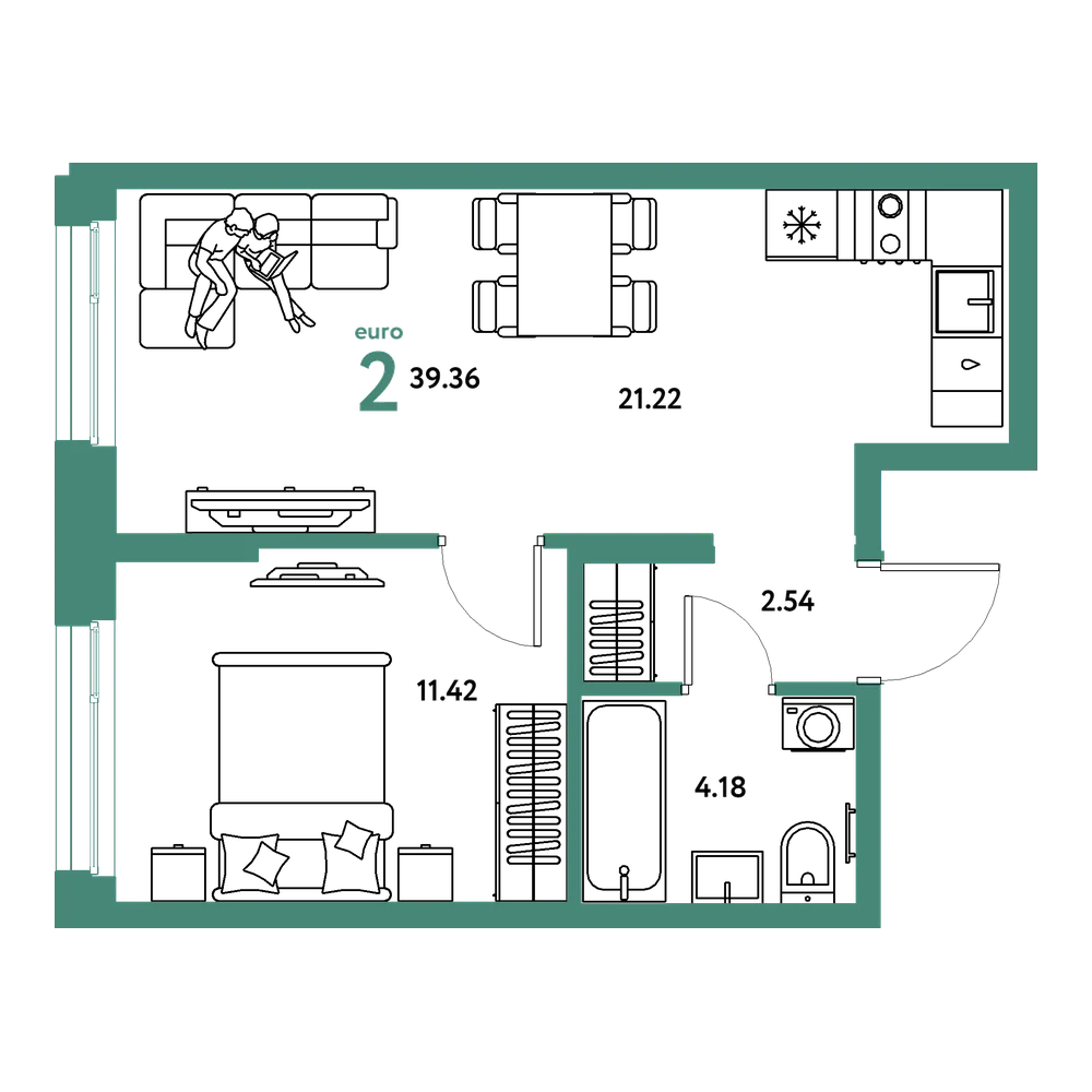 Планировка: Евродвушка 39,36 м²