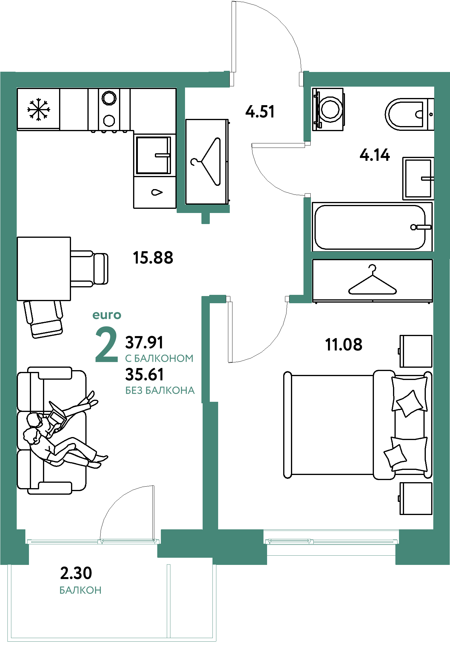 Планировка: Евродвушка 37,91 м² в ЖК «Европейский берег 2.0»