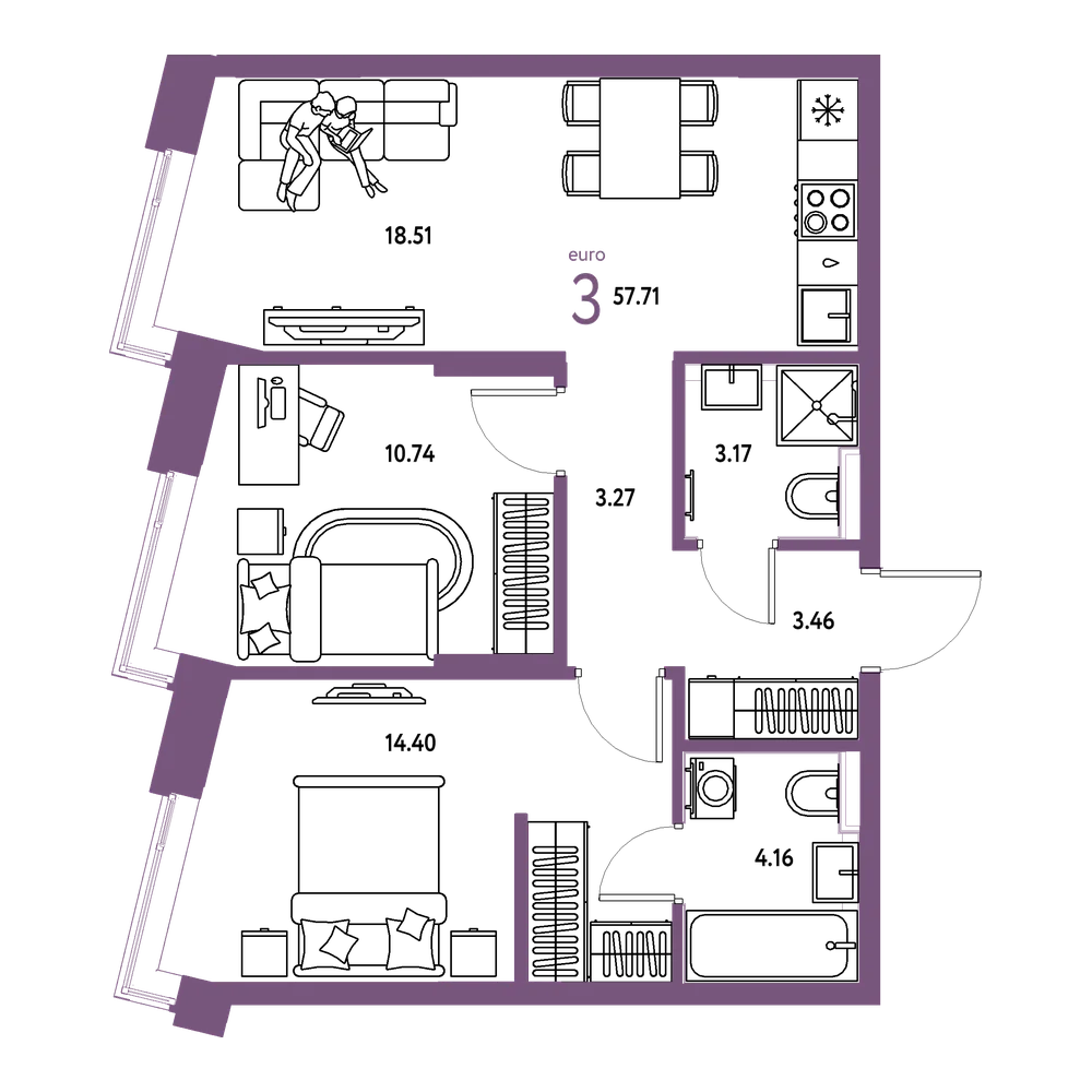 Планировка: Евротрёшка 57,71 м²
