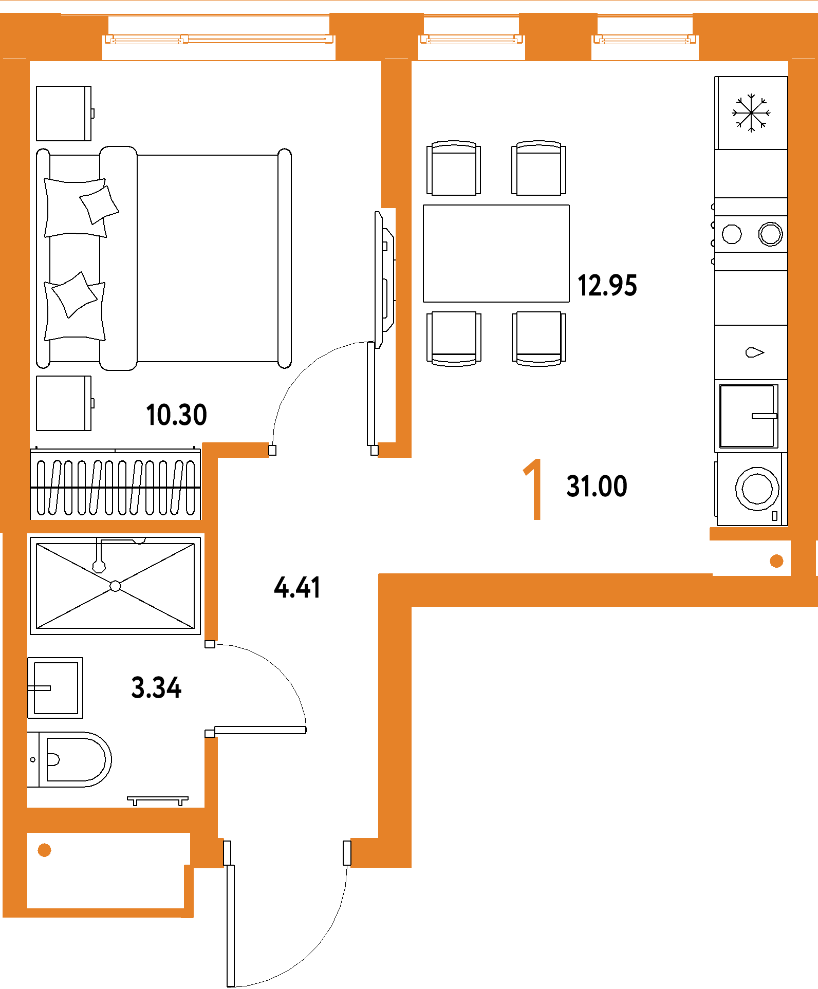 Планировка: 1-комнатная 31 м² в ЖК «Домашний»