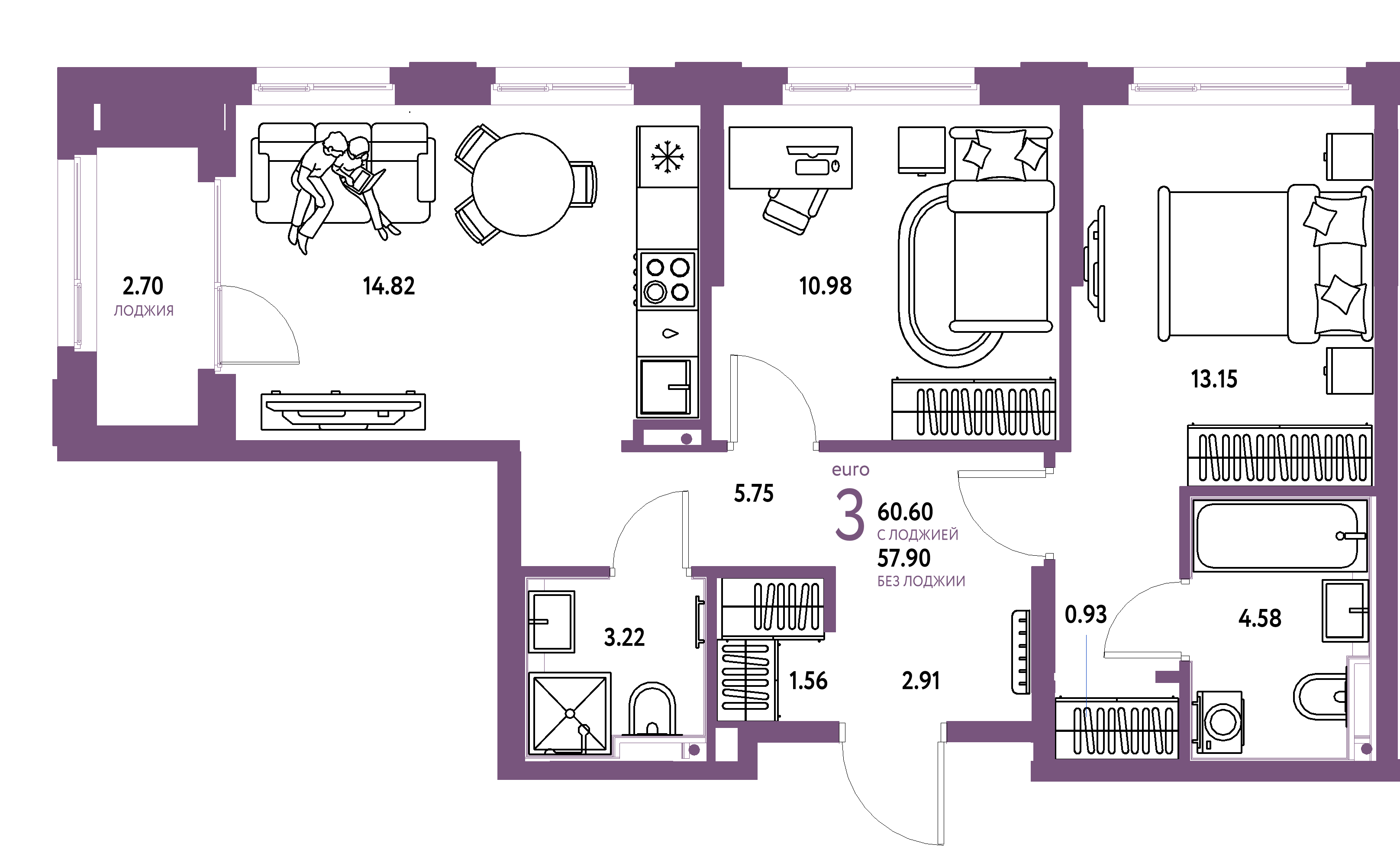 Планировка: Евротрёшка 60,6 м² в ЖК «Сердце Сибири»