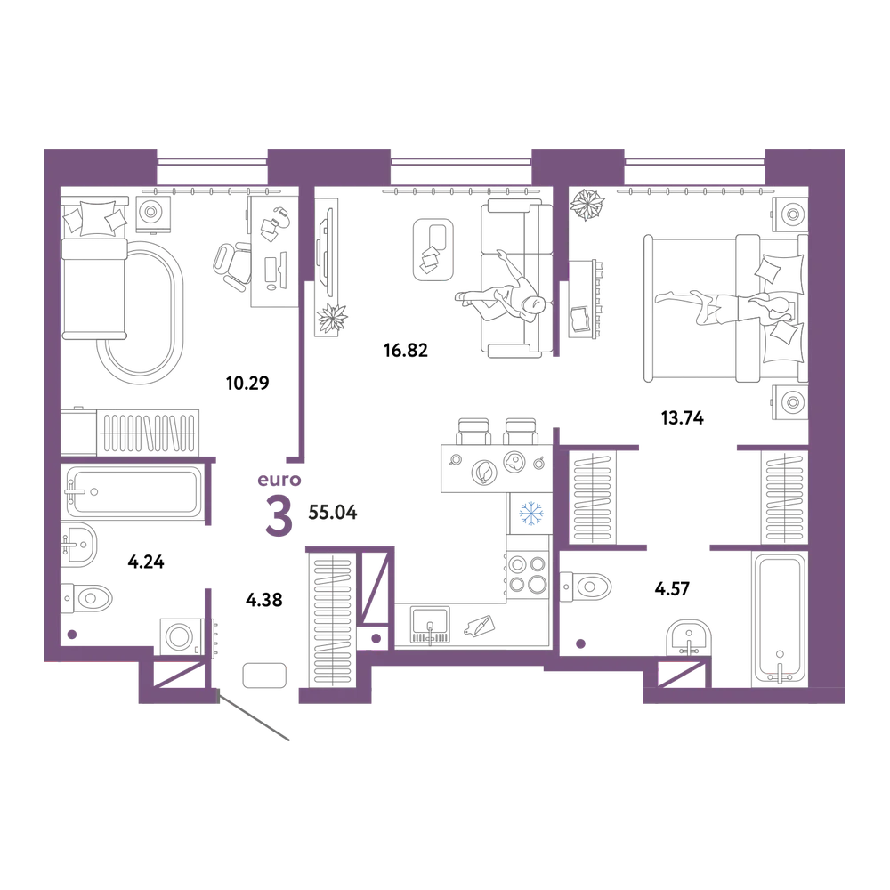 Планировка: Евротрёшка 54,04 м²