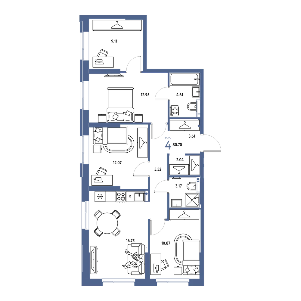 Планировка: Евро-4 80,7 м²