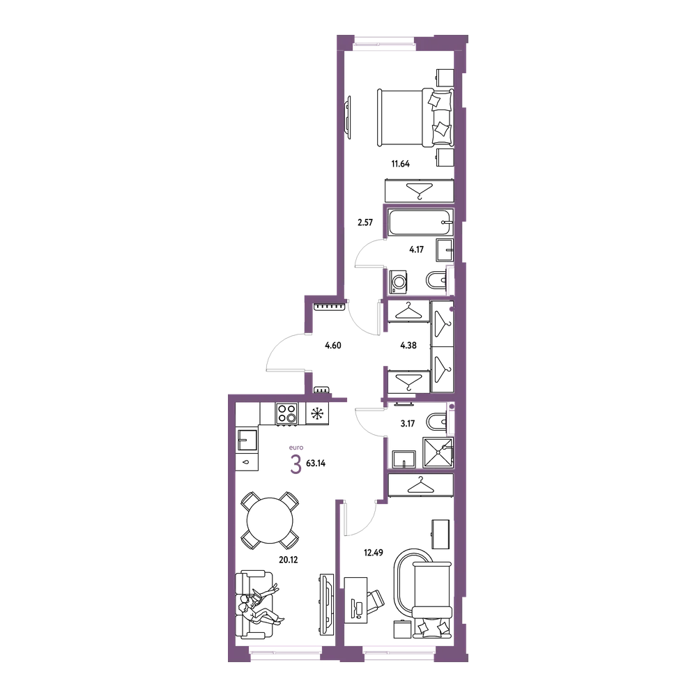 Планировка: Евротрёшка 63,14 м²