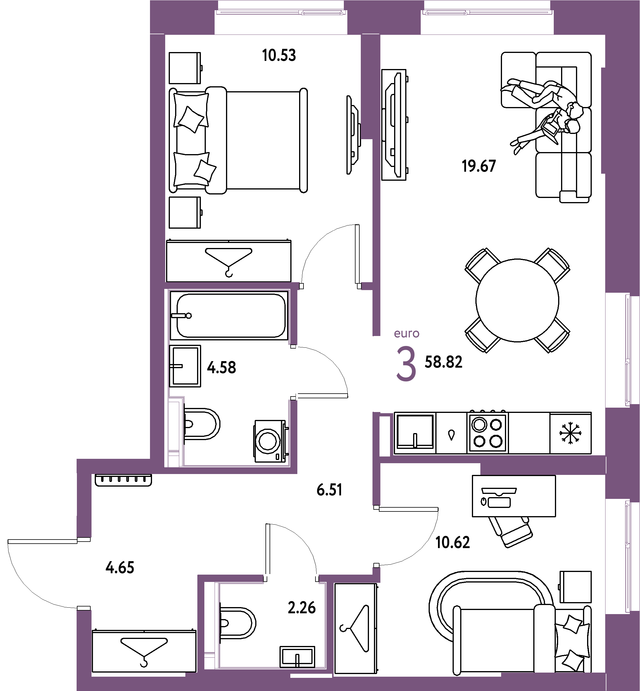 Планировка: Евротрёшка 58,82 м² в ЖК «Европейский берег 2.0»