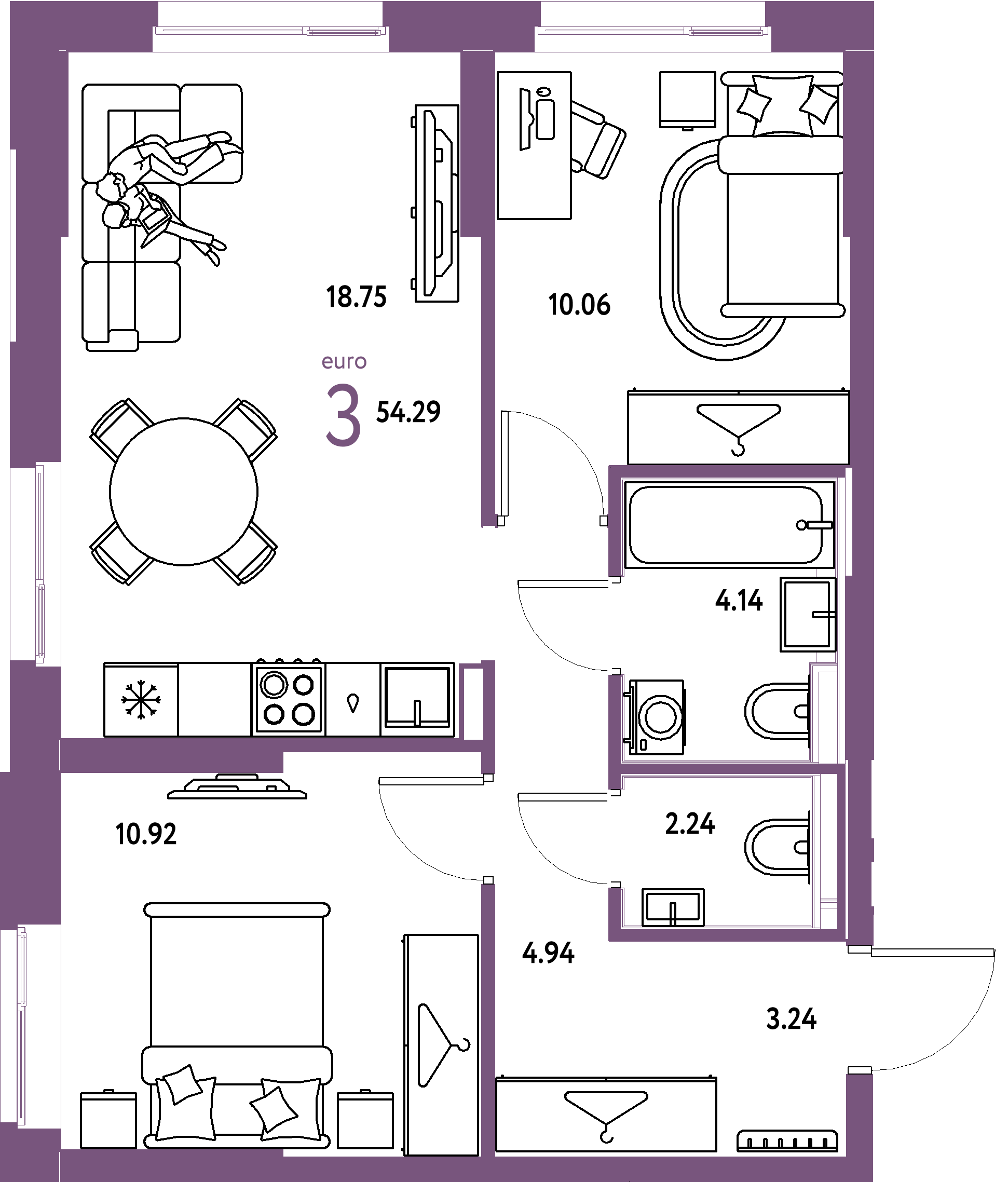 Планировка: Евротрёшка 54,31 м² в ЖК «Европейский берег 2.0»