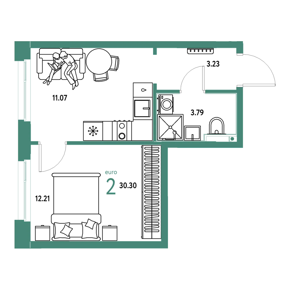 Планировка: Евродвушка 30,3 м²