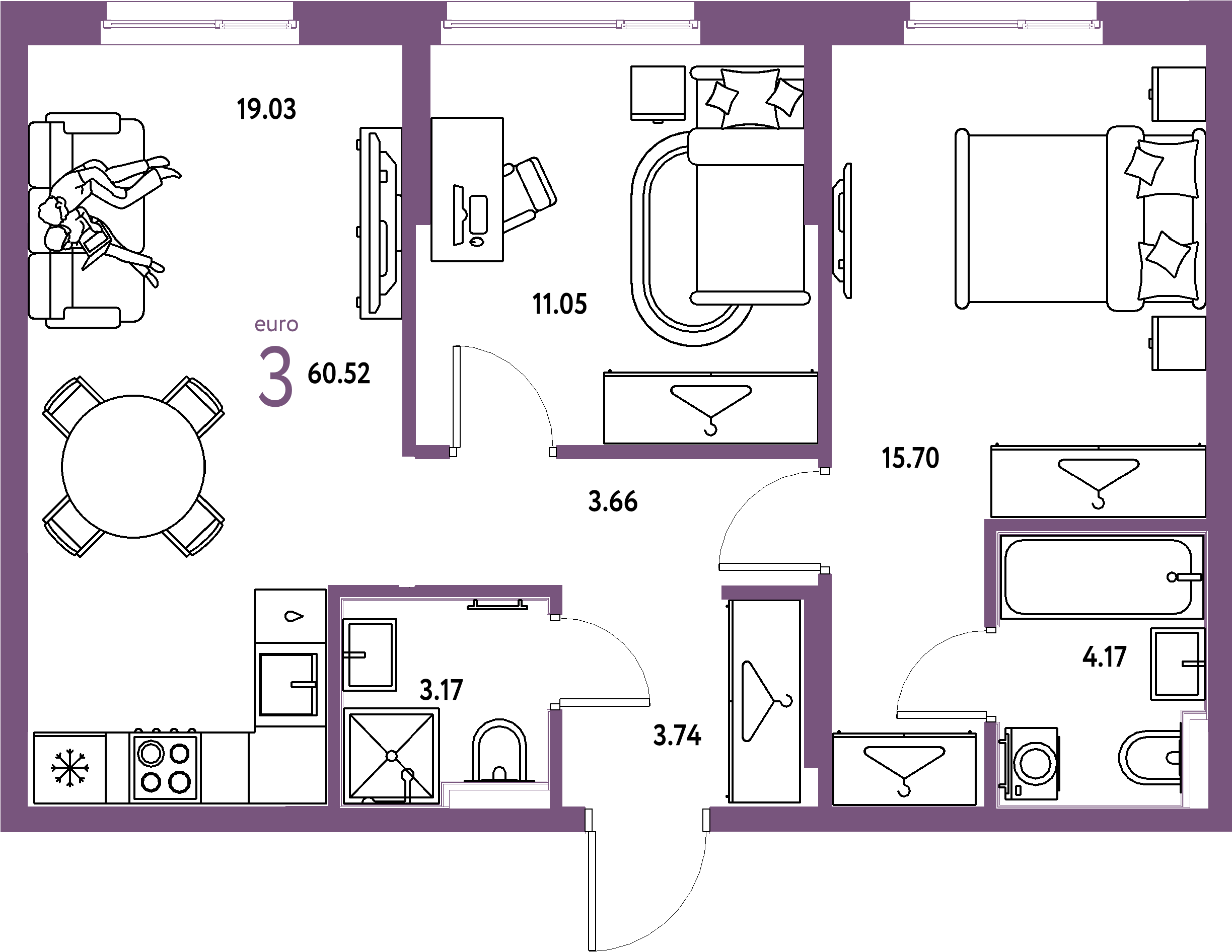 Планировка: Евротрёшка 60,52 м² в ЖК «Европейский берег 2.0»