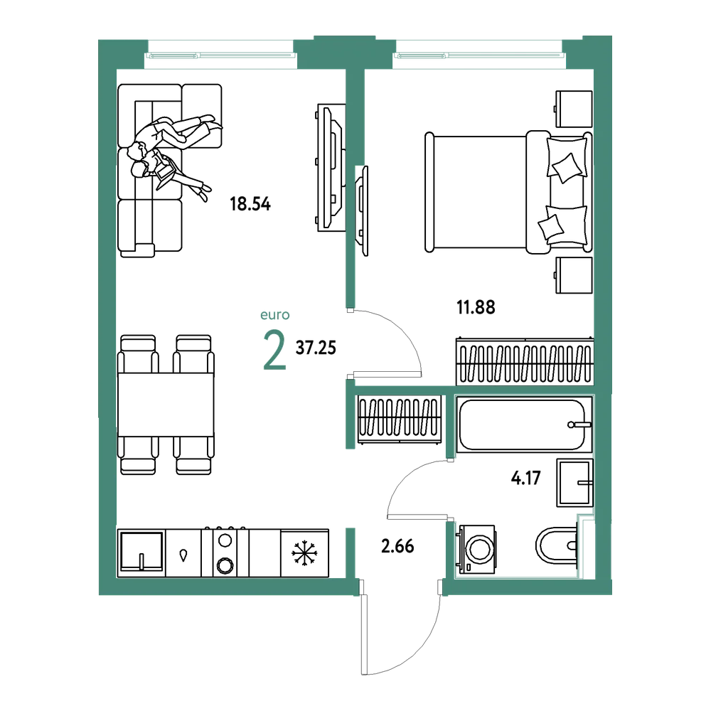 Планировка: Евродвушка 37,25 м²