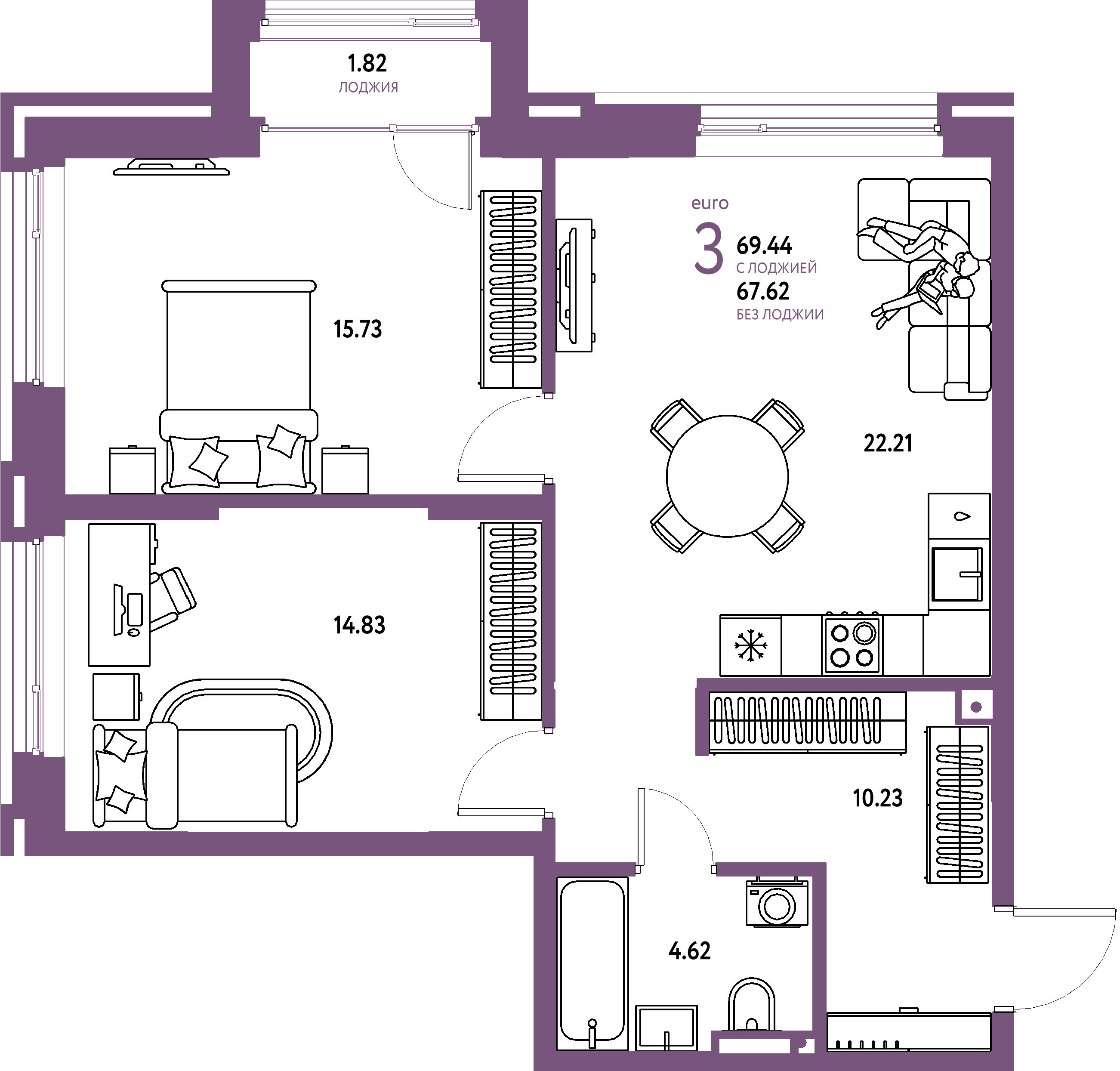 Планировка: Евротрёшка 69,44 м² в ЖК «Страна.Прибрежная»