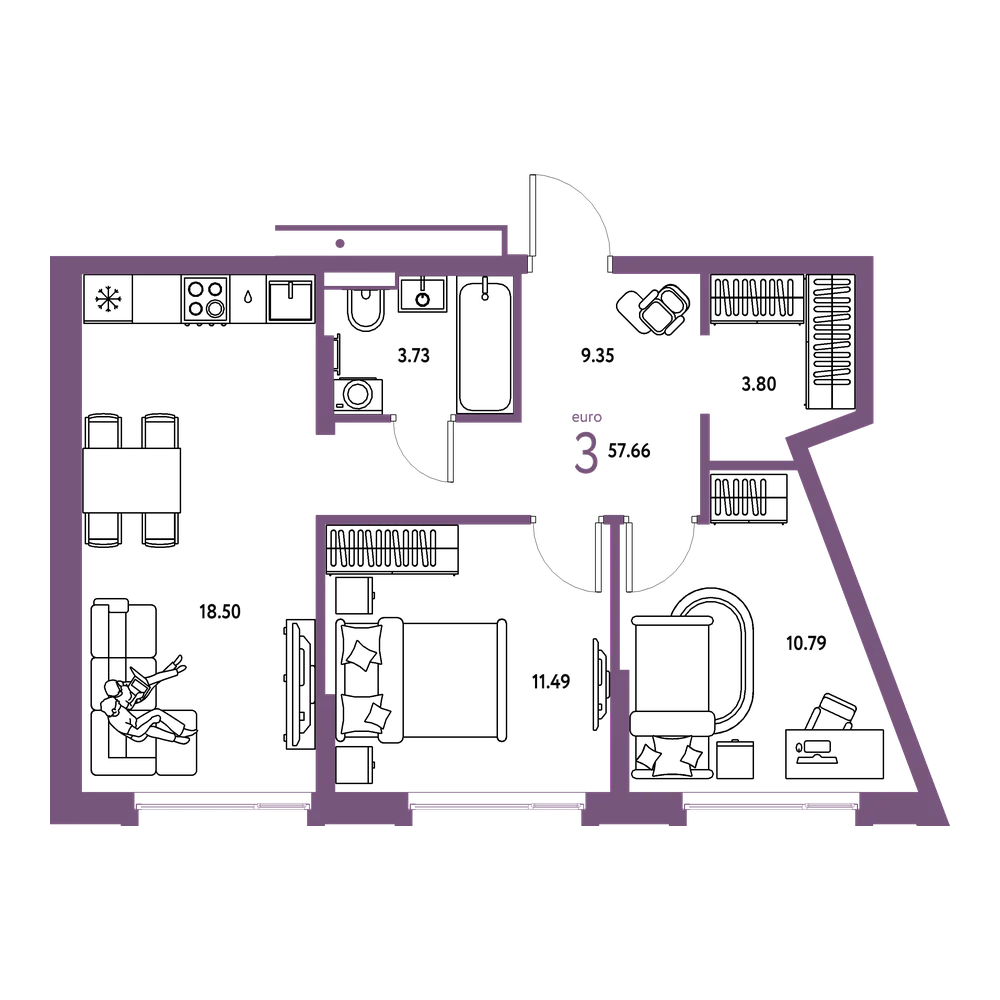 Планировка: Евротрёшка 57,66 м²