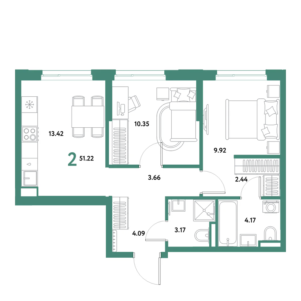 Планировка: 2-комнатная 51,22 м²