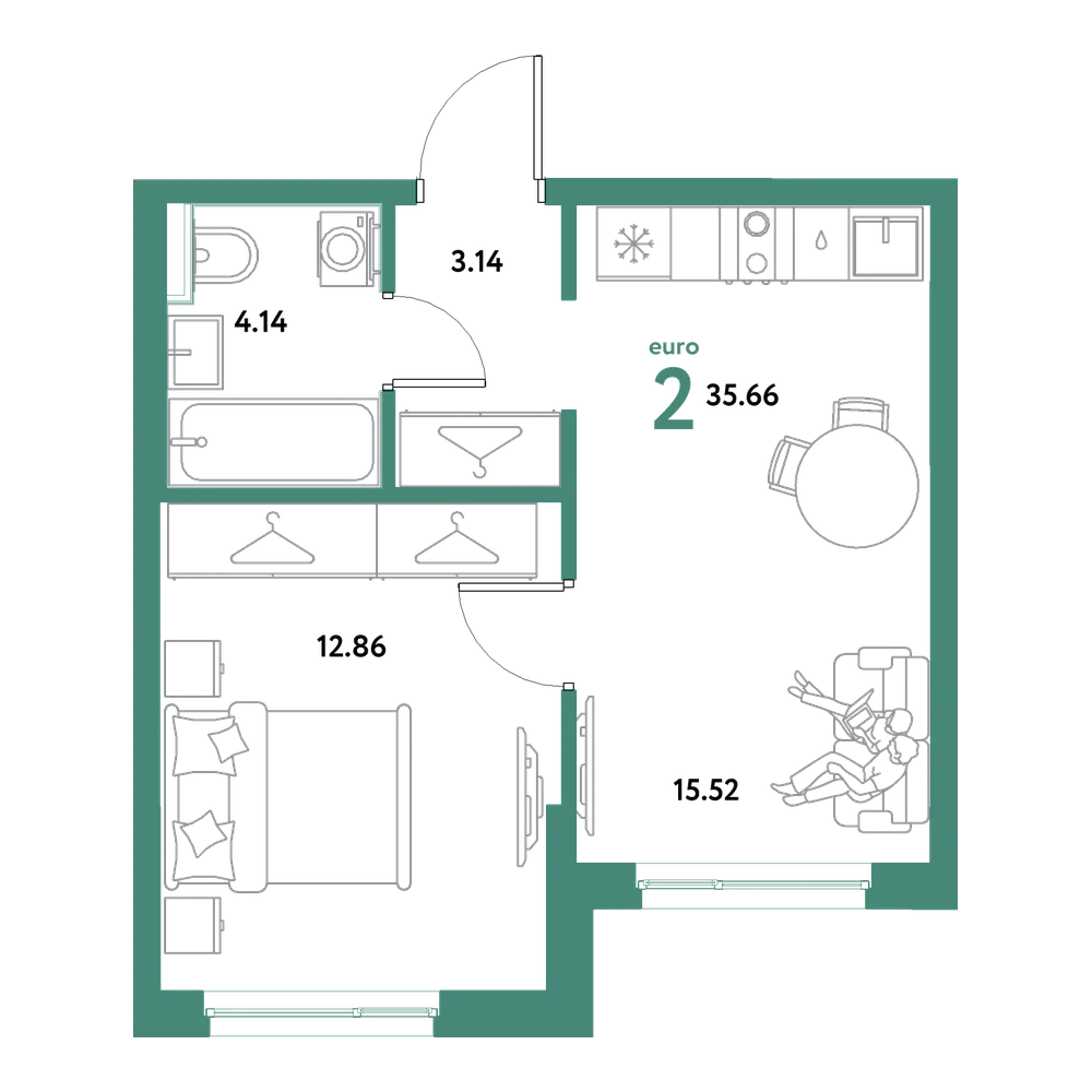 Планировка: Евродвушка 35,66 м²