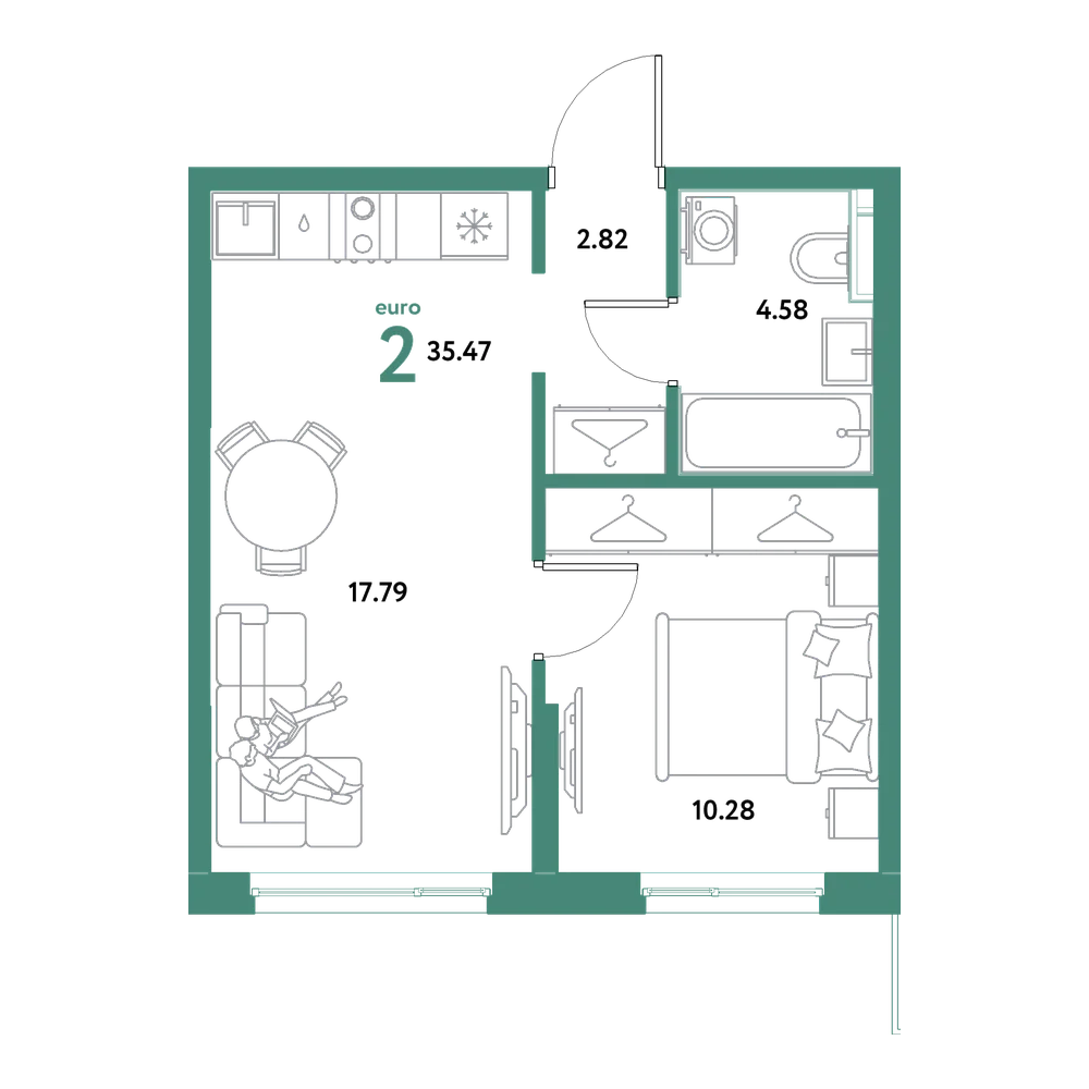 Планировка: Евродвушка 35,47 м²