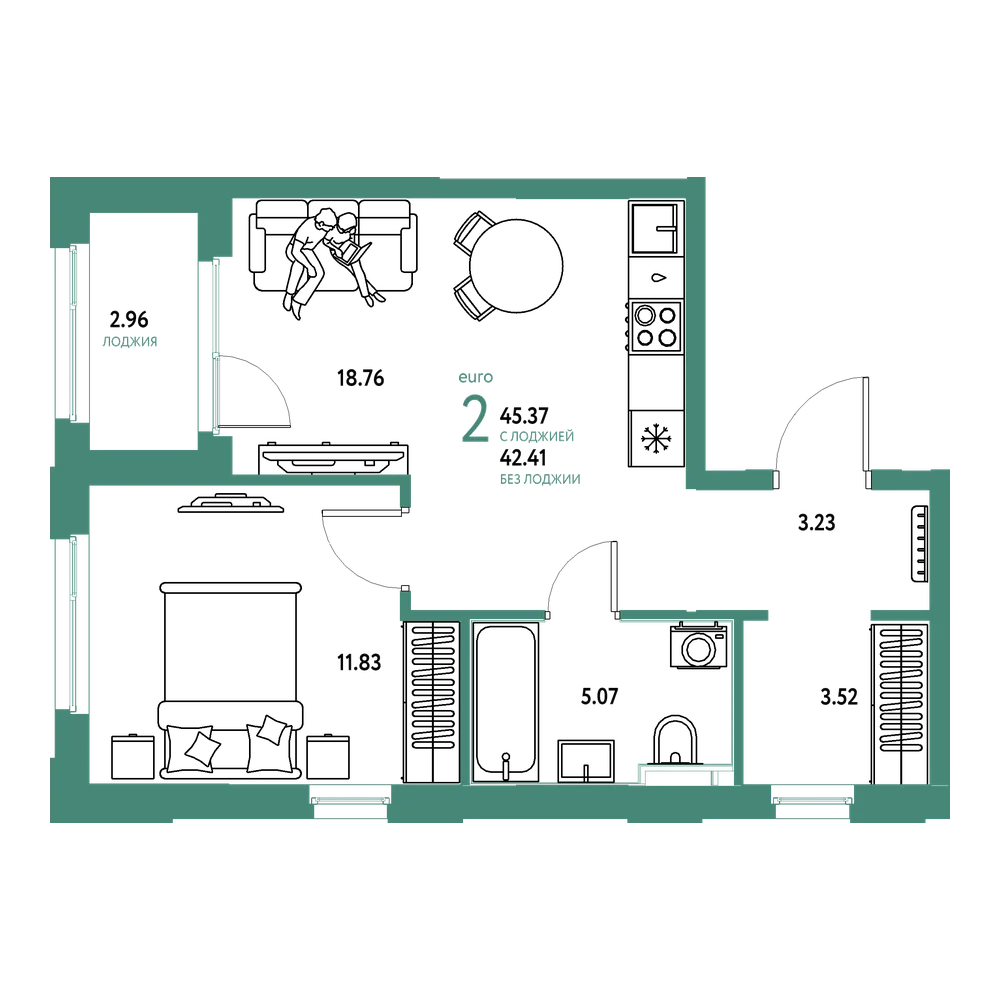 Планировка: Евродвушка 45,37 м²