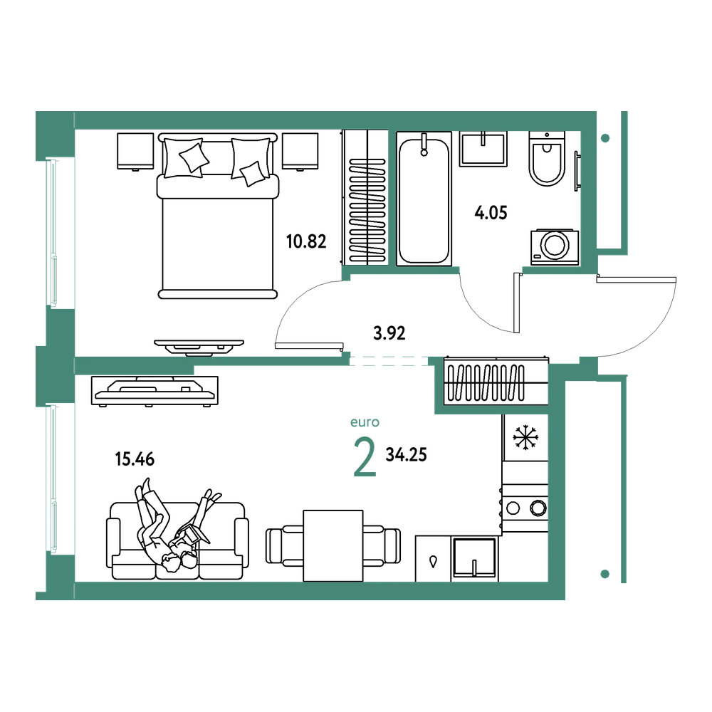 Планировка: Евродвушка 34,25 м²