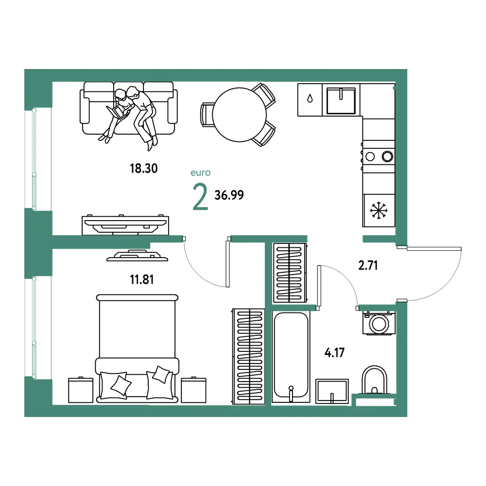 Планировка: Евродвушка 36,99 м²