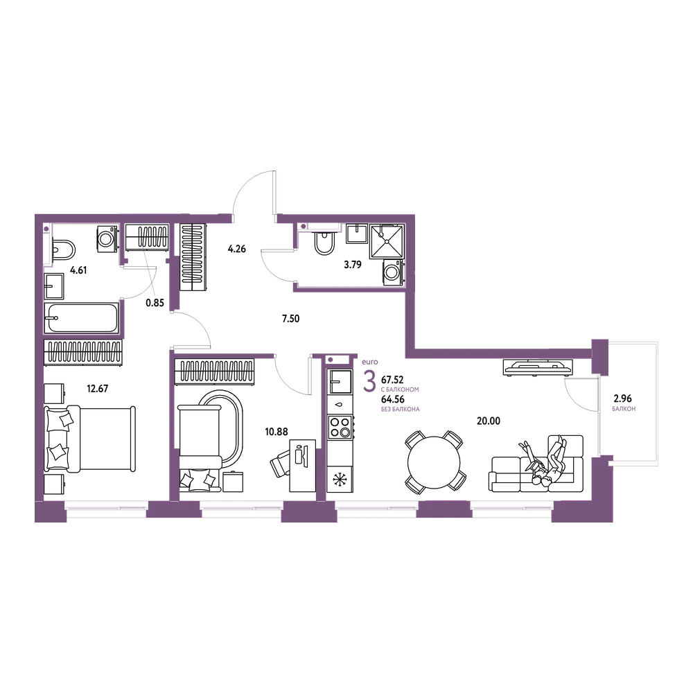 Планировка: Евротрёшка 67,24 м²