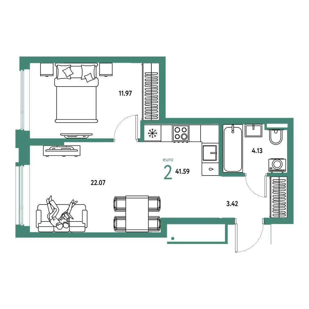 Планировка: Евродвушка 41,59 м²