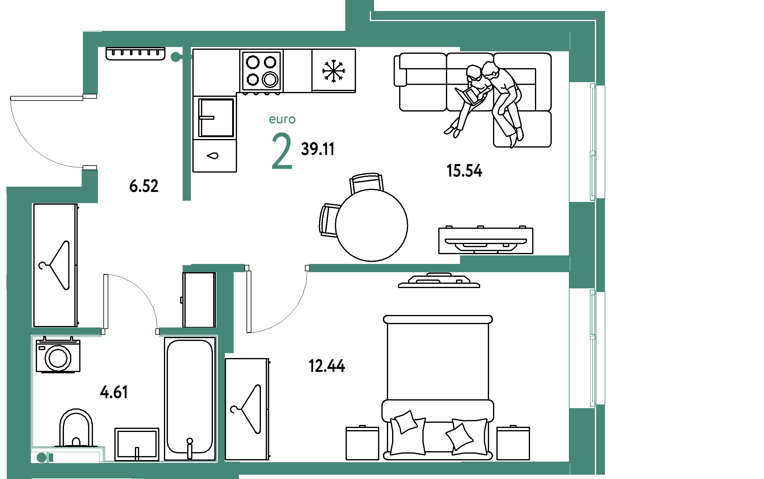 Планировка: Евродвушка 39,11 м² в ЖК «Европейский берег 2.0»