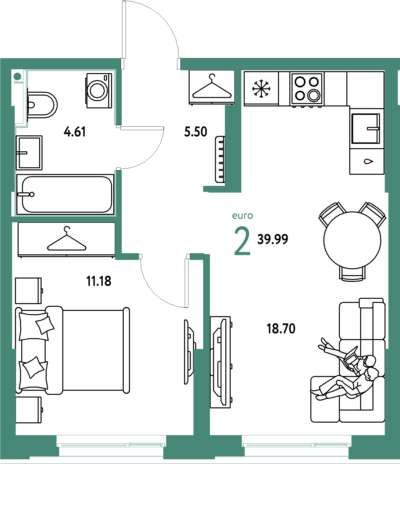 Планировка: Евродвушка 39,99 м² в ЖК «Европейский берег 2.0»