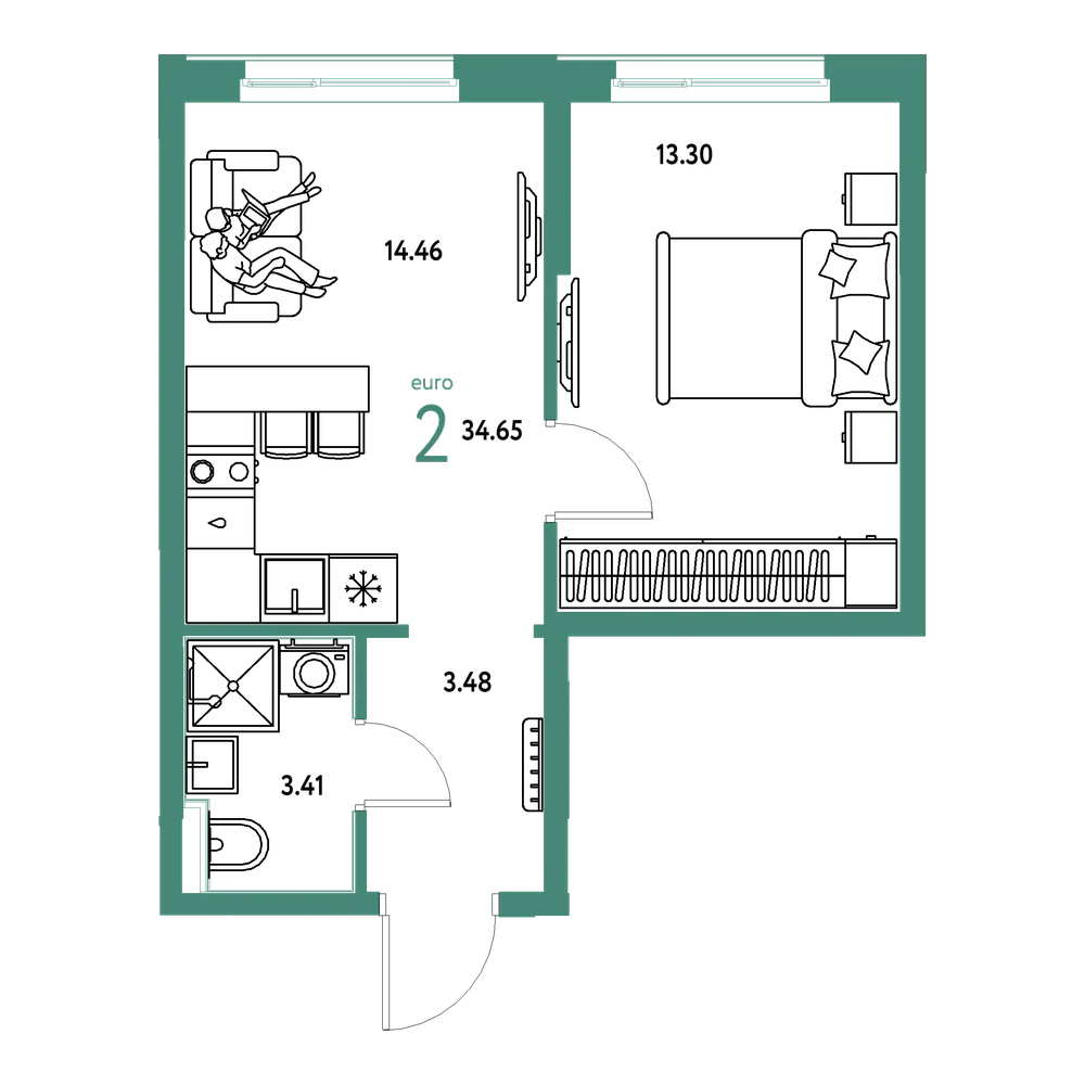 Планировка: Евродвушка 34,65 м²